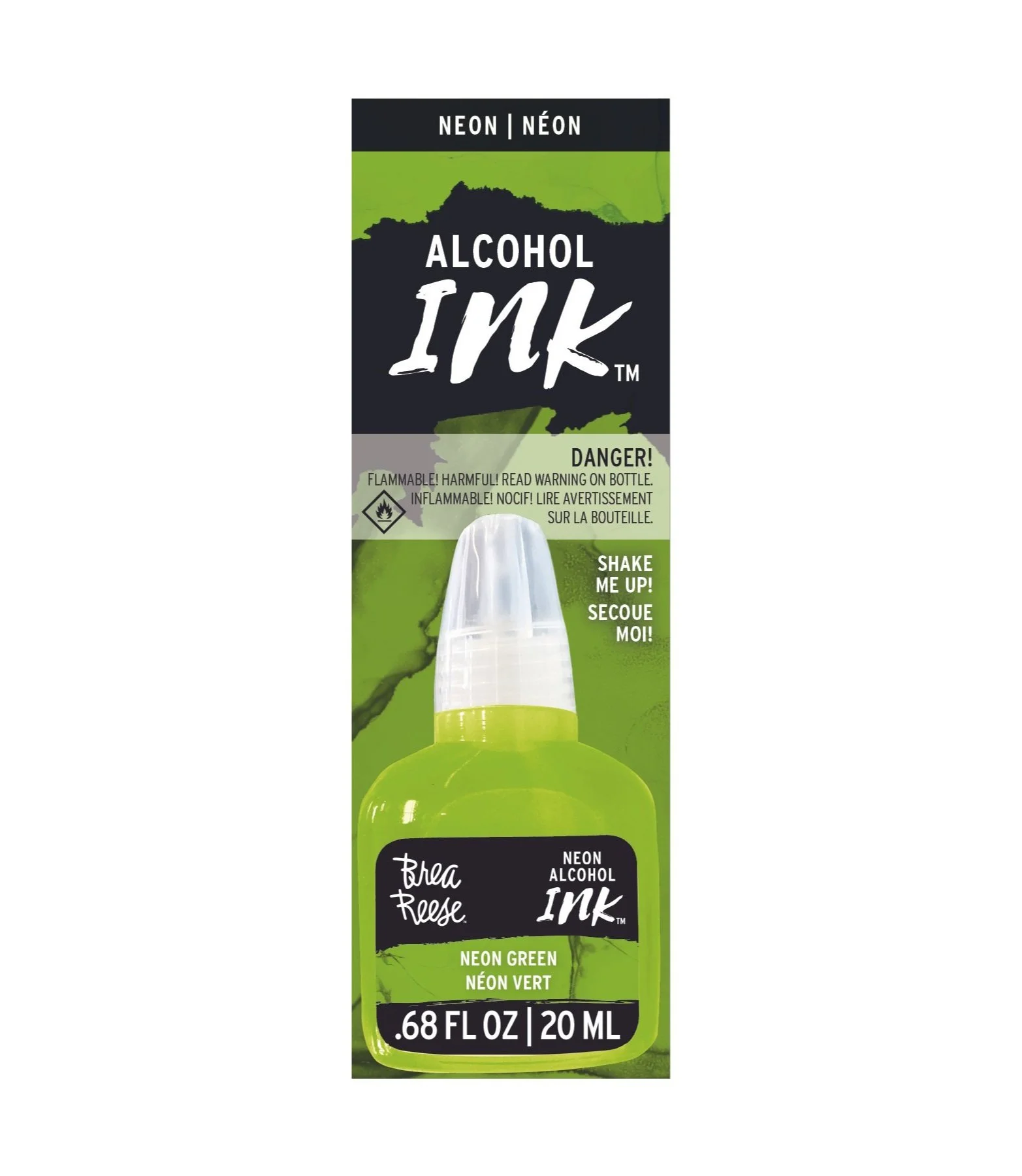 A small bottle of neon green alcohol ink for art or crafting, labeled 'Brea Reese Neon Alcohol Ink, Neon Green, 0.68 fl oz/20 ml,' with a cap on top and a colorful green and black background.