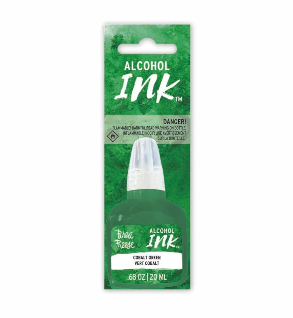 Packaging for alcohol ink in the color Cobalt Green, with a green background and a white label.