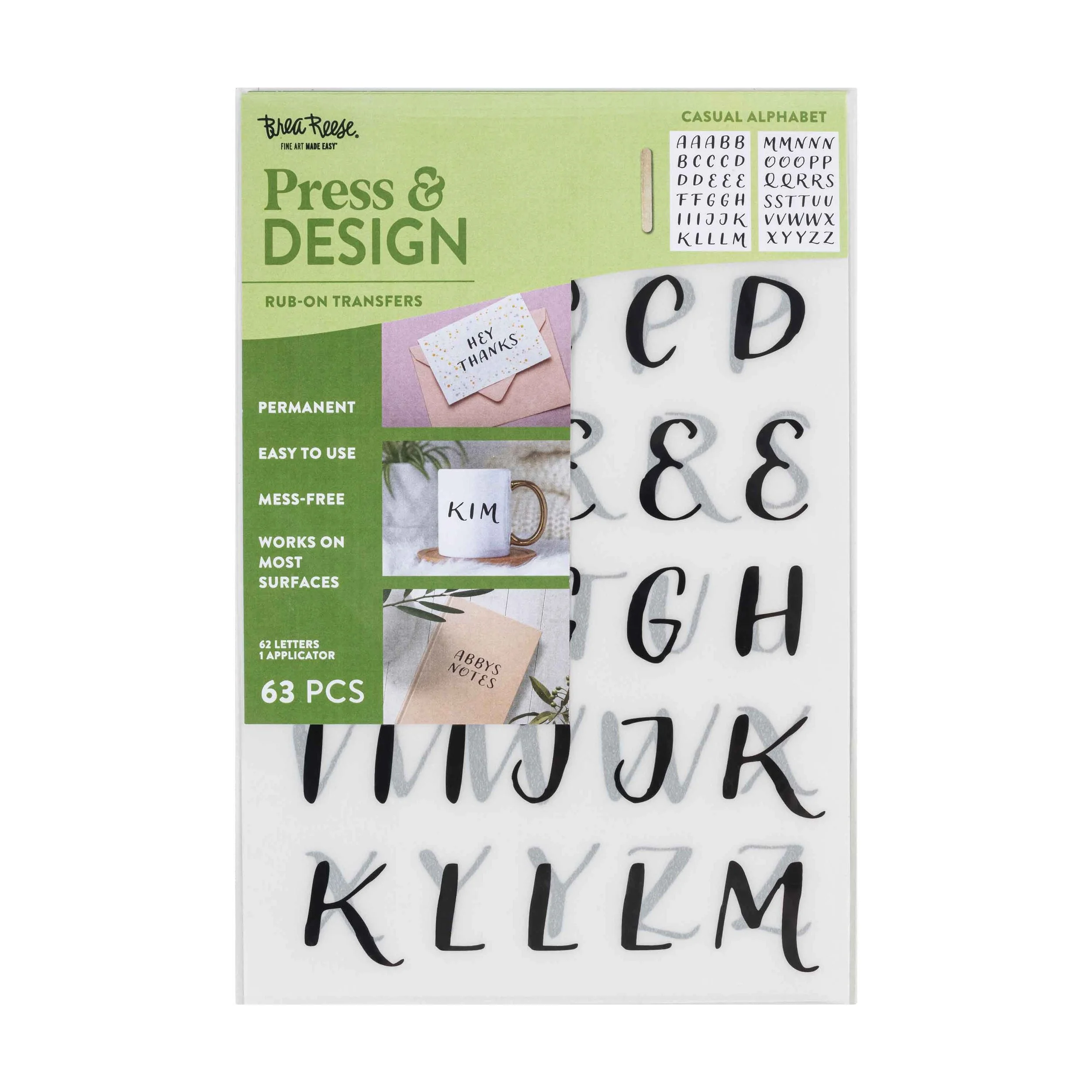 Set of black letter alphabet rubber transfer stickers, featuring uppercase and lowercase letters, with instructions and sample images on the packaging for creating decorative labels and signs.