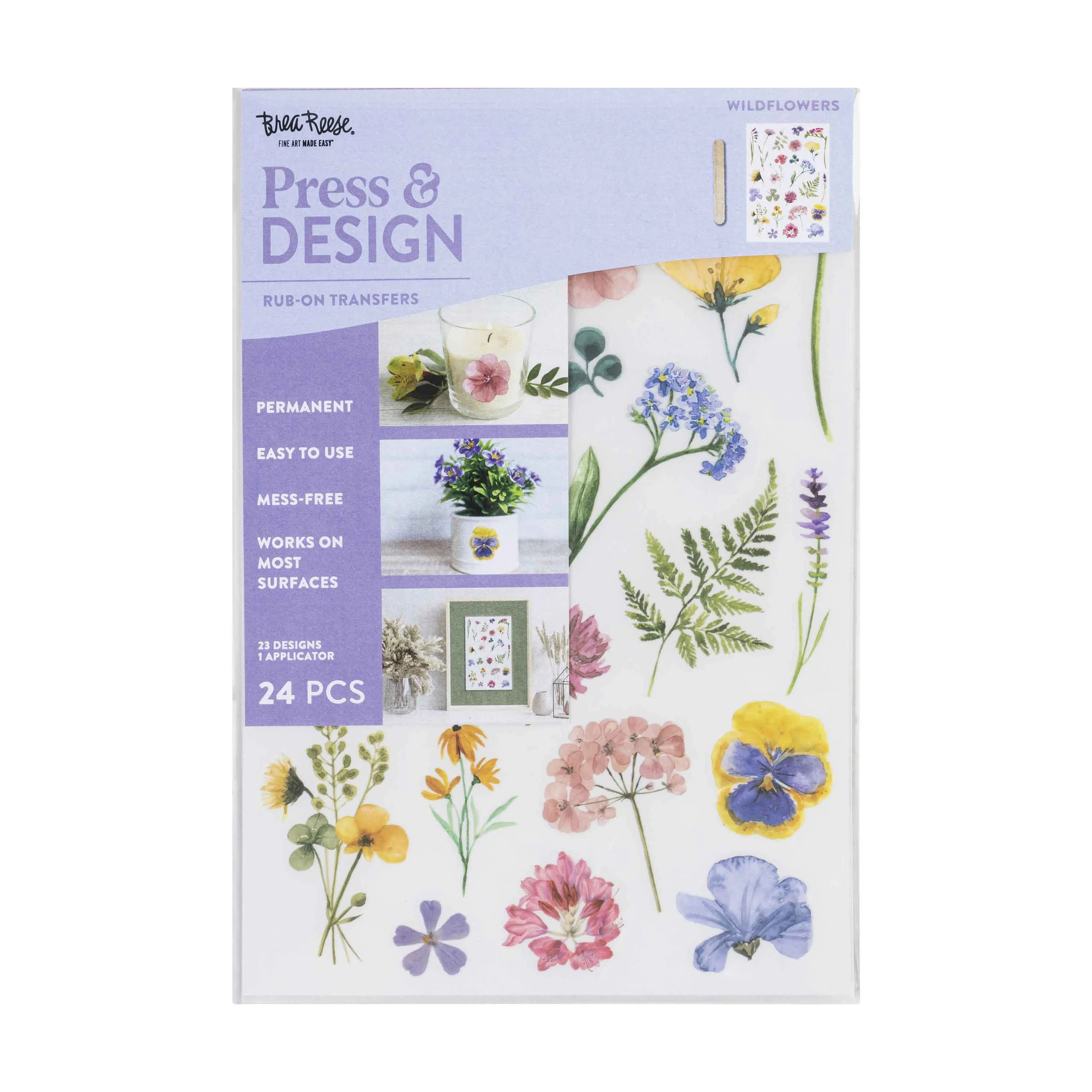 A craft kit for pressing and designing with wildflowers, including 24 watercolor floral rub-on transfers for decorating items like candles and picture frames.