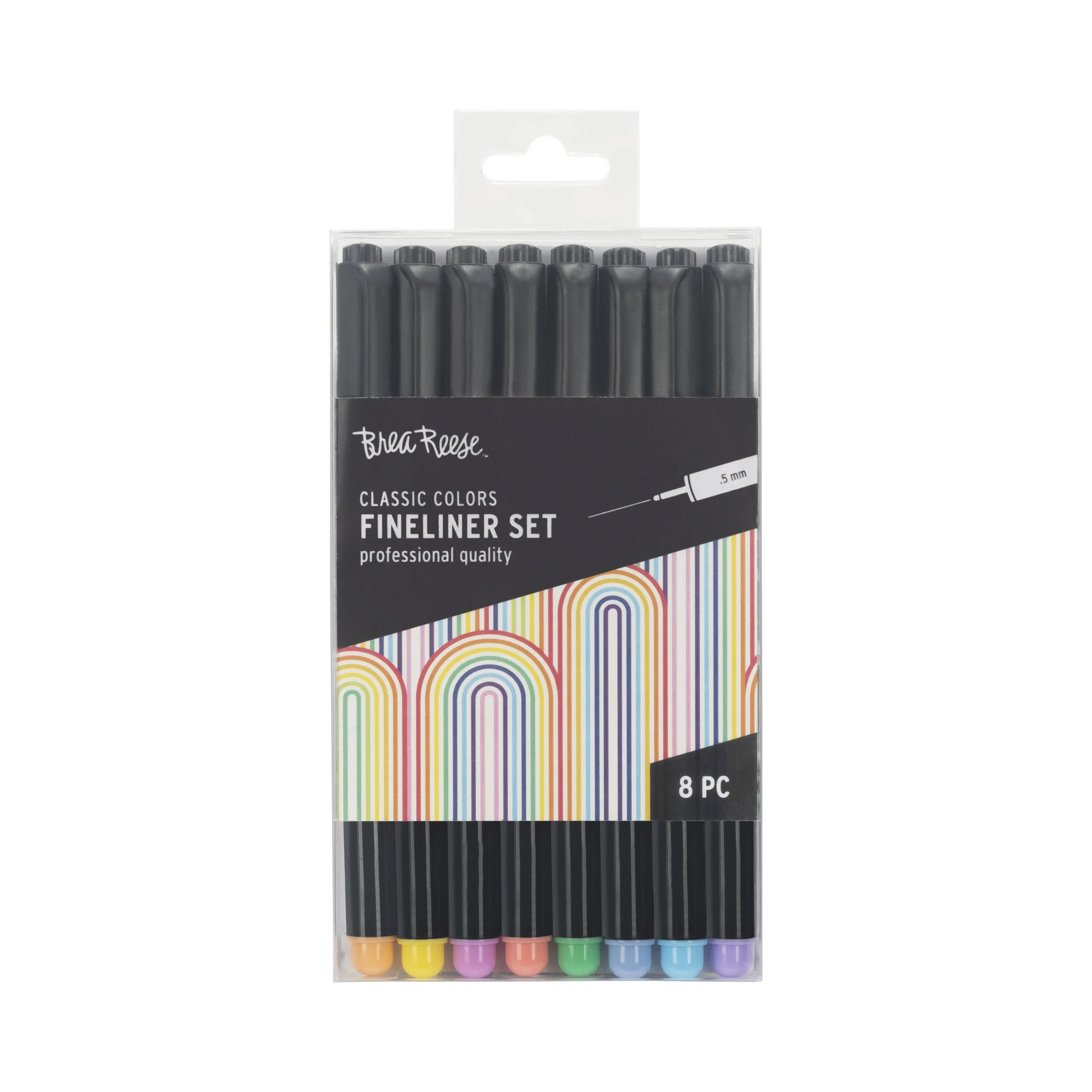 Set of 8 colorful fineliner pens in a clear plastic case with a black label, featuring a colorful striped design, brand name, and product details.
