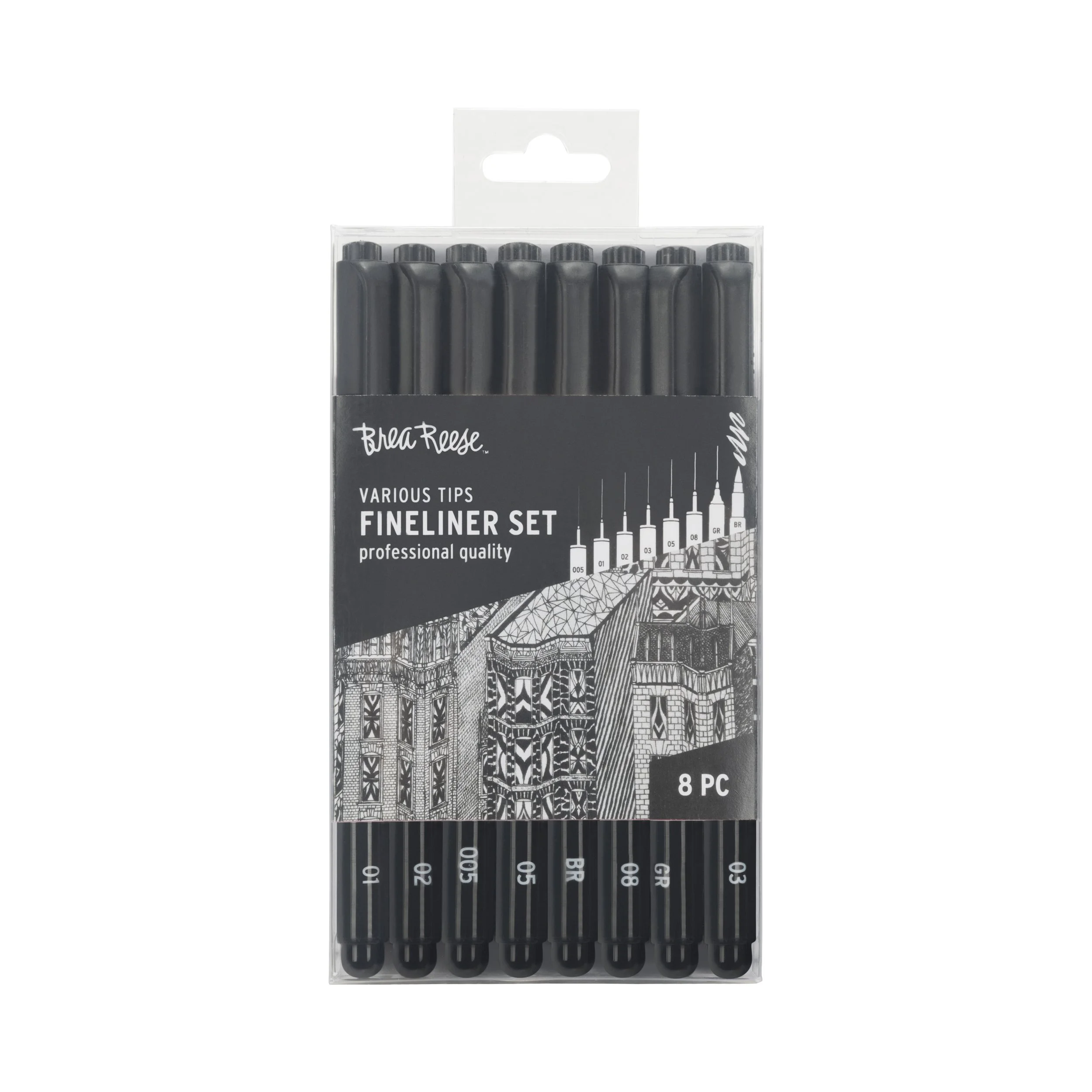 A set of eight fine tip markers by Brea Reese in a clear plastic case with black and white cityscape illustration, labeled as professional quality.