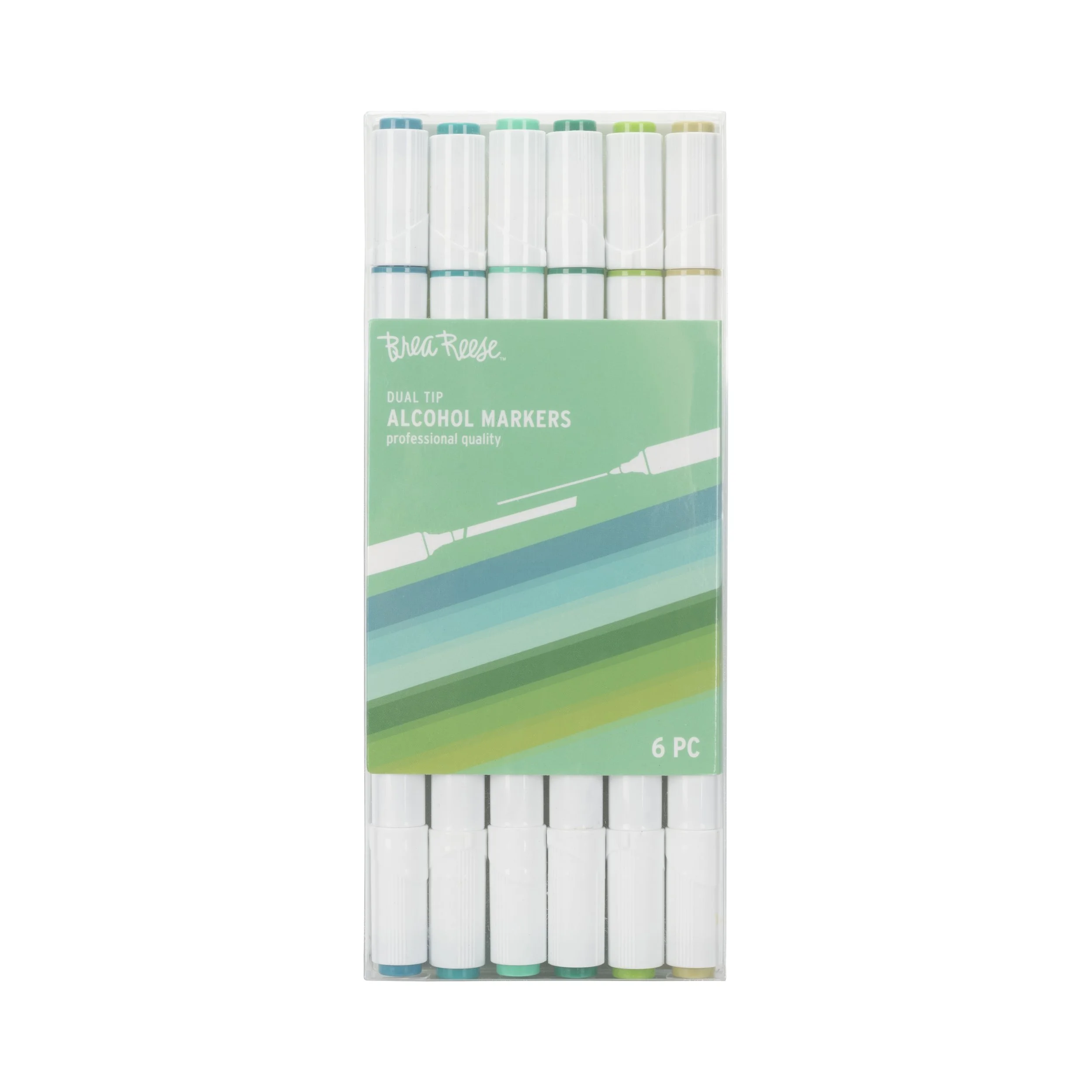Set of six dual-tip alcohol markers in clear plastic package with green label.
