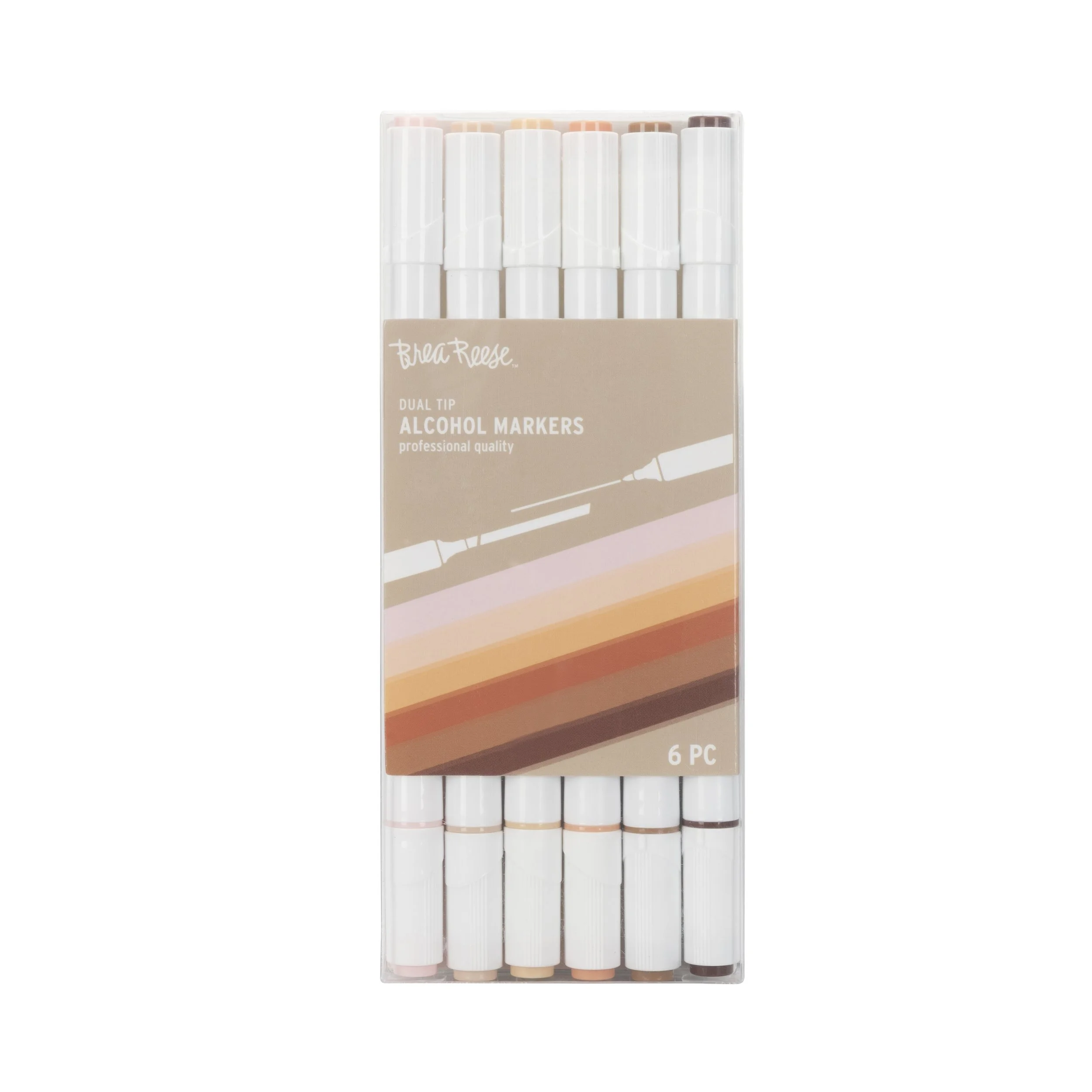 Set of six dual tip alcohol markers in white cases, packaged in clear plastic with a beige label featuring a stylized drawing of a marker. The label indicates professional quality markers from the brand RhiaReese.