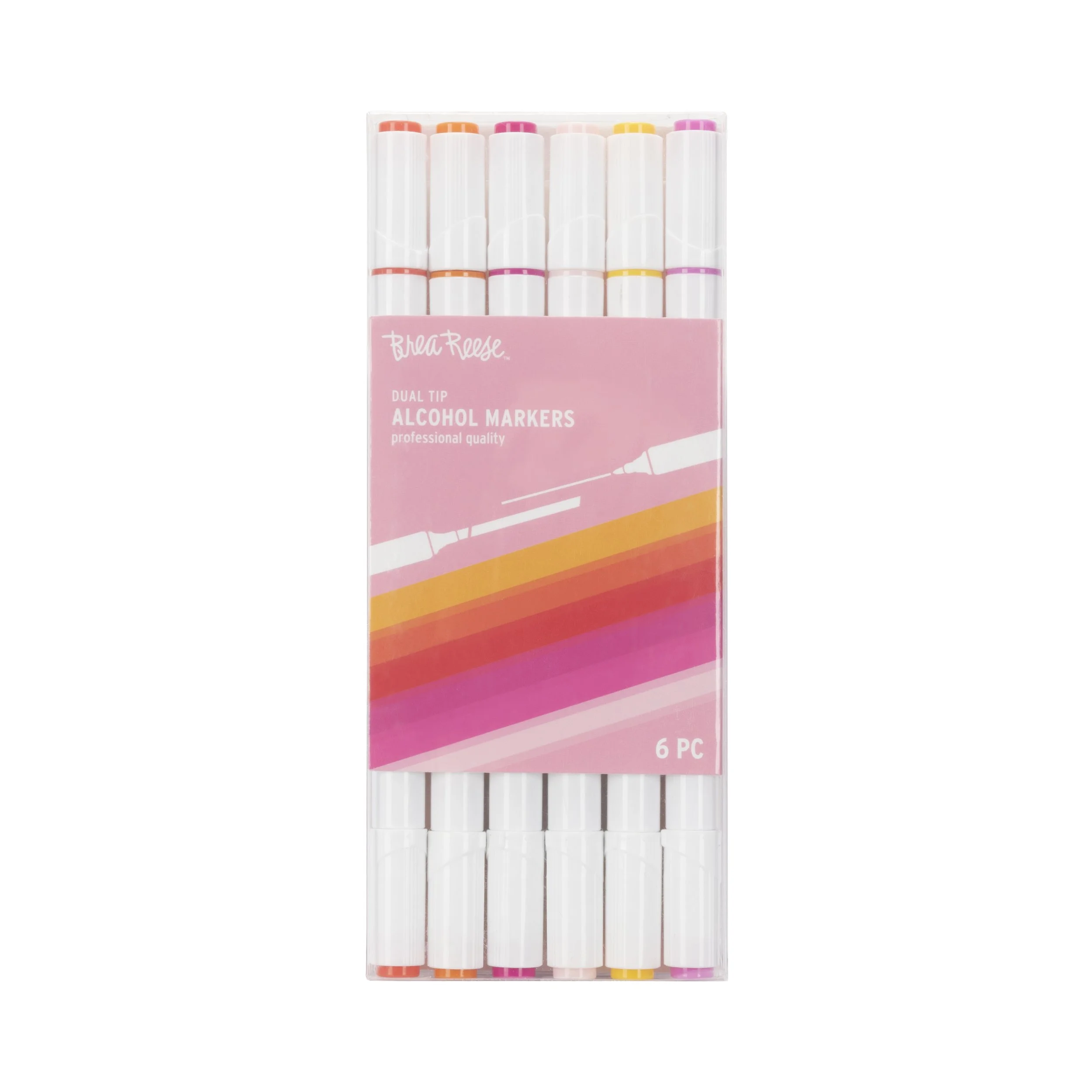 Pack of six dual-tip alcohol markers in various pastel colors with a pink label featuring rainbow stripes and a syringe illustration.