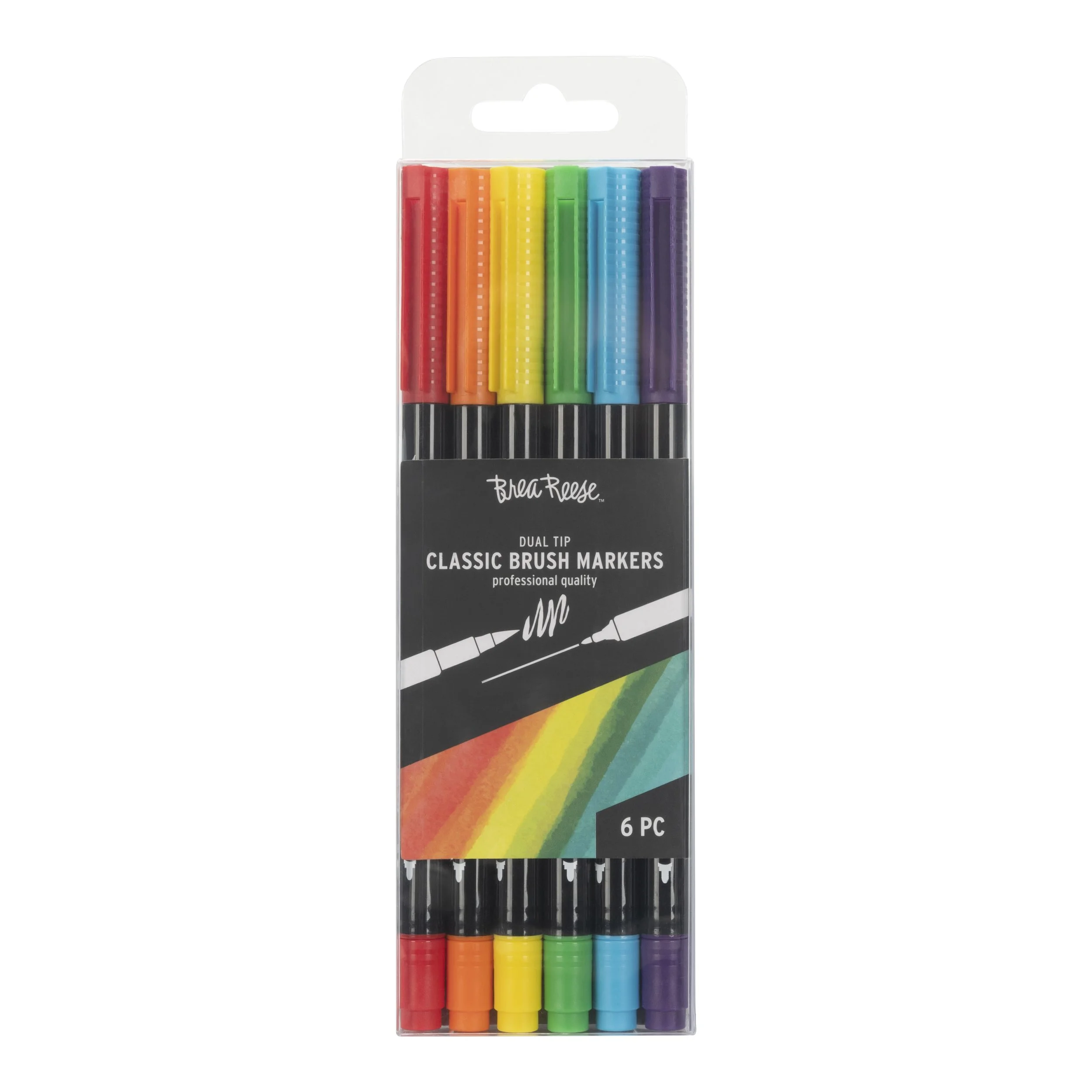 Set of six dual tip colorful brush markers in red, orange, yellow, green, blue, and purple, in clear plastic packaging.