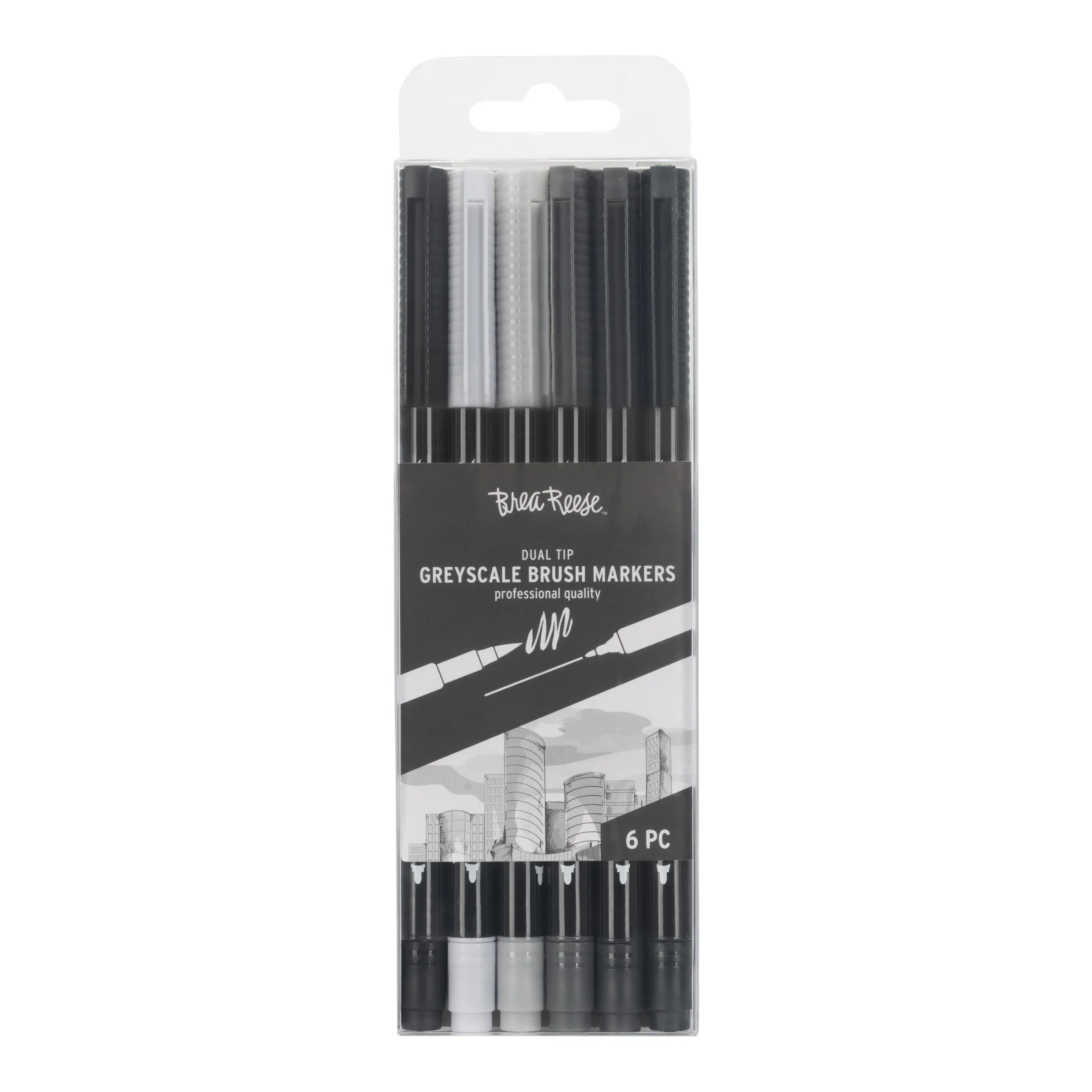 Set of six dual-tip greyscale brush markers in black, white, and gray colors
