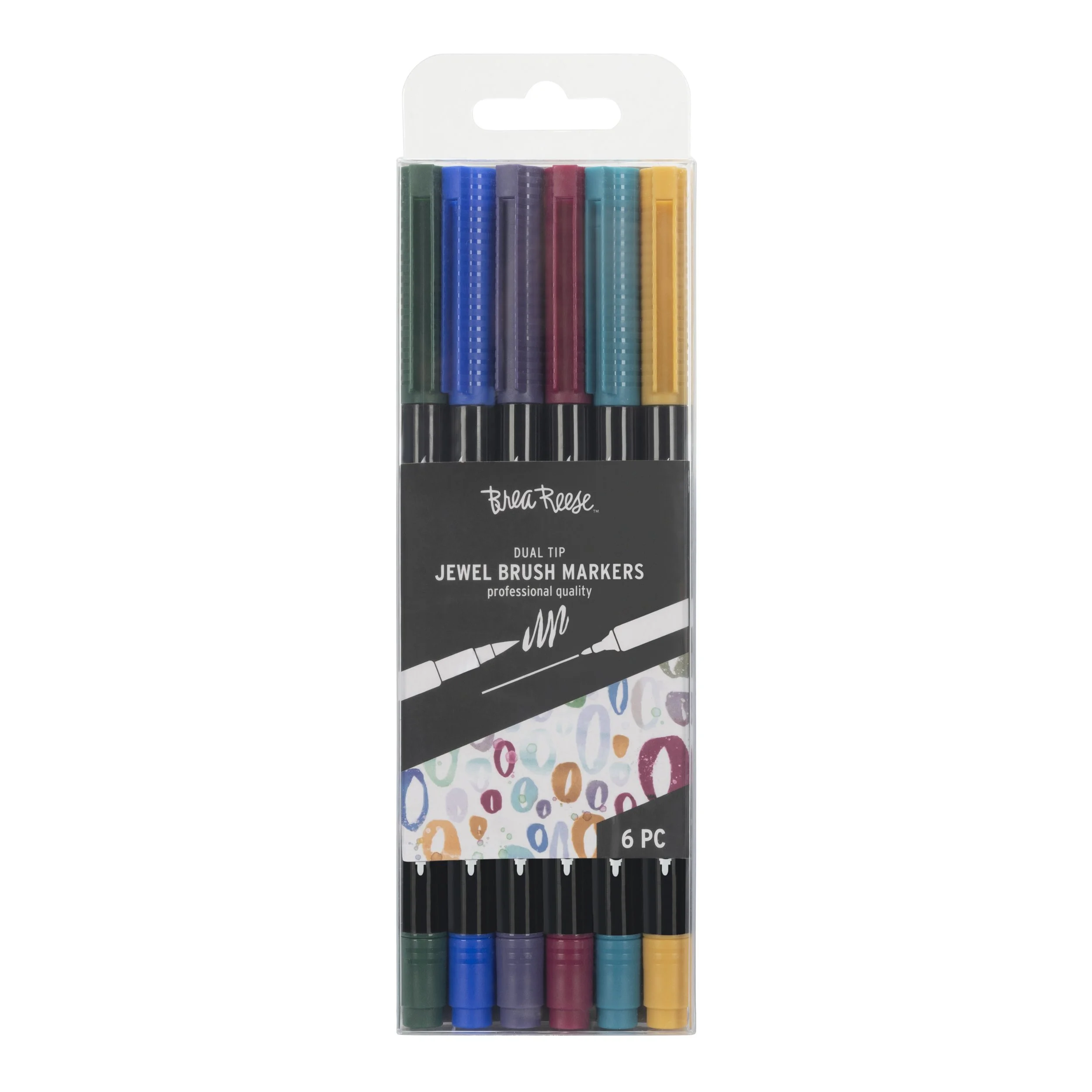 Set of 6 dual-tip jewel brush markers in various colors in clear plastic packaging.