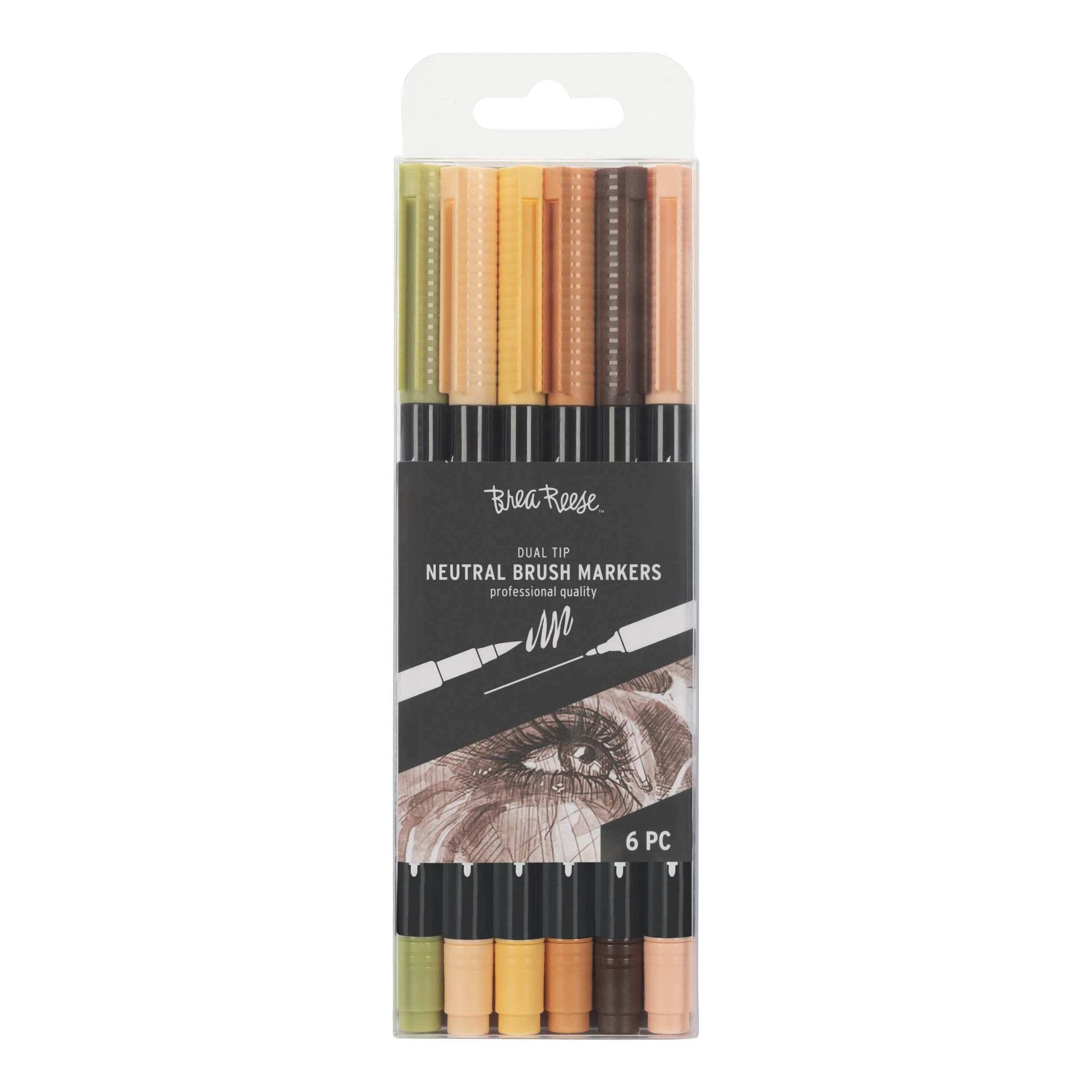 Six-pack of neutral dual-tip brush markers in assorted colors with black caps, in transparent plastic packaging.