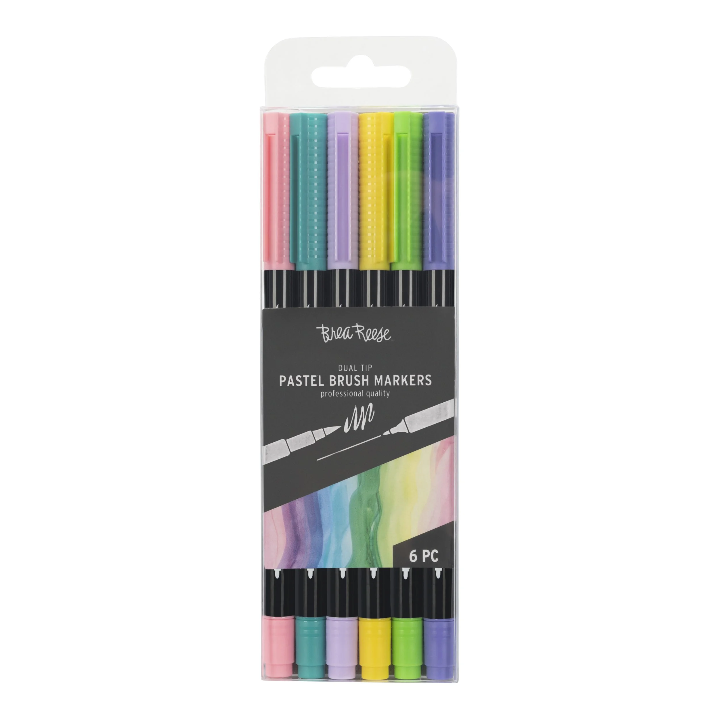 Set of six pastel dual-tip brush markers in pink, blue, purple, yellow, green, and purple colors in a clear plastic case.
