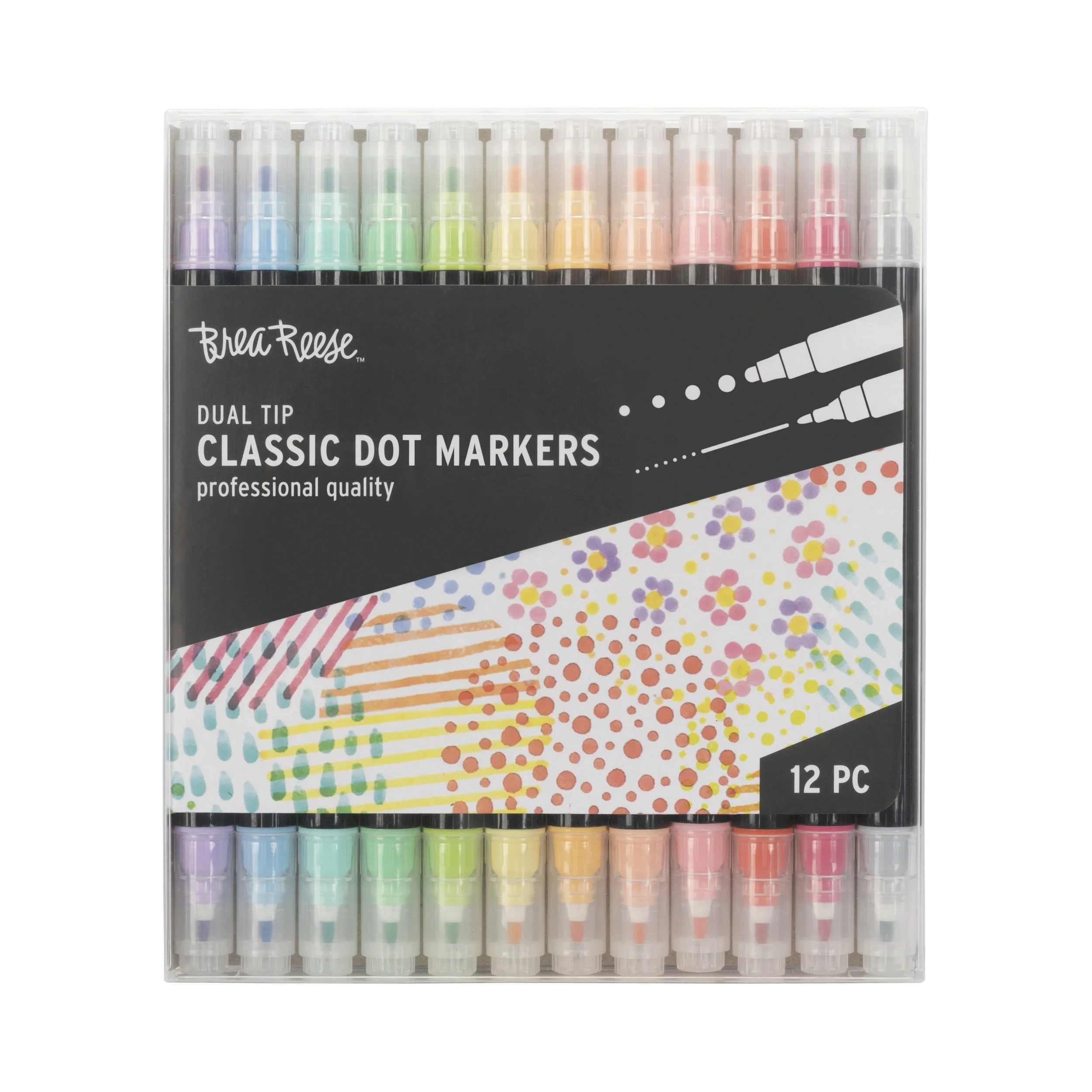 Set of 12 colorful dual tip dot markers for arts and crafts on clear plastic case.