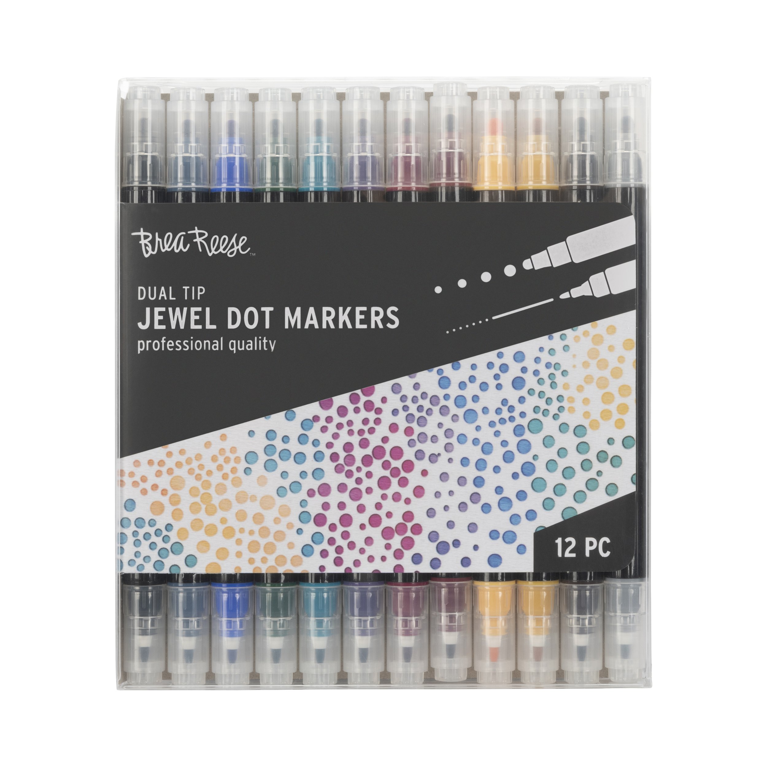 Set of 12 dual tip jewel dot markers in a plastic case, colorful decorative dots on the packaging.