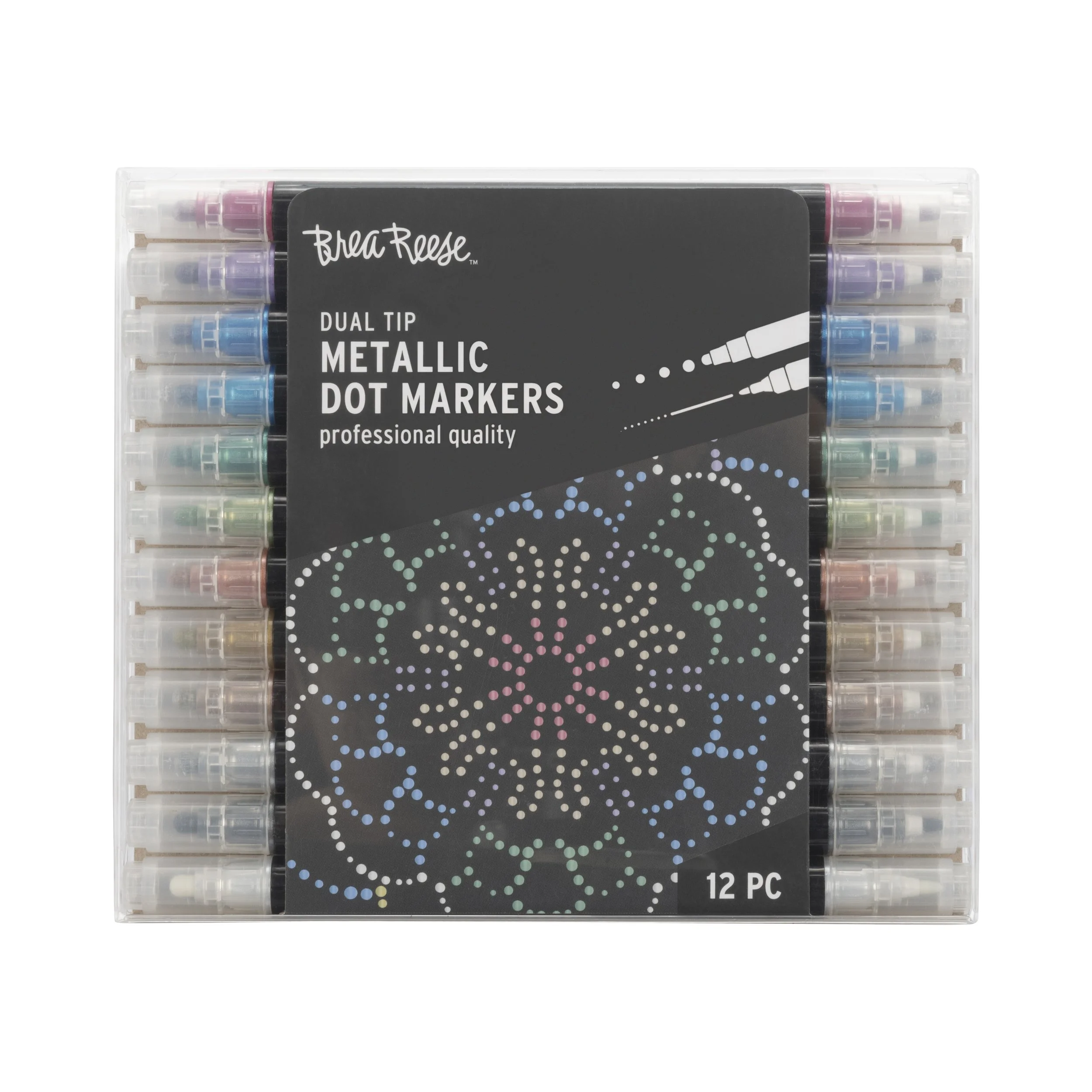 Set of 12 metallic dual tip dot markers in a clear plastic case with a black label.