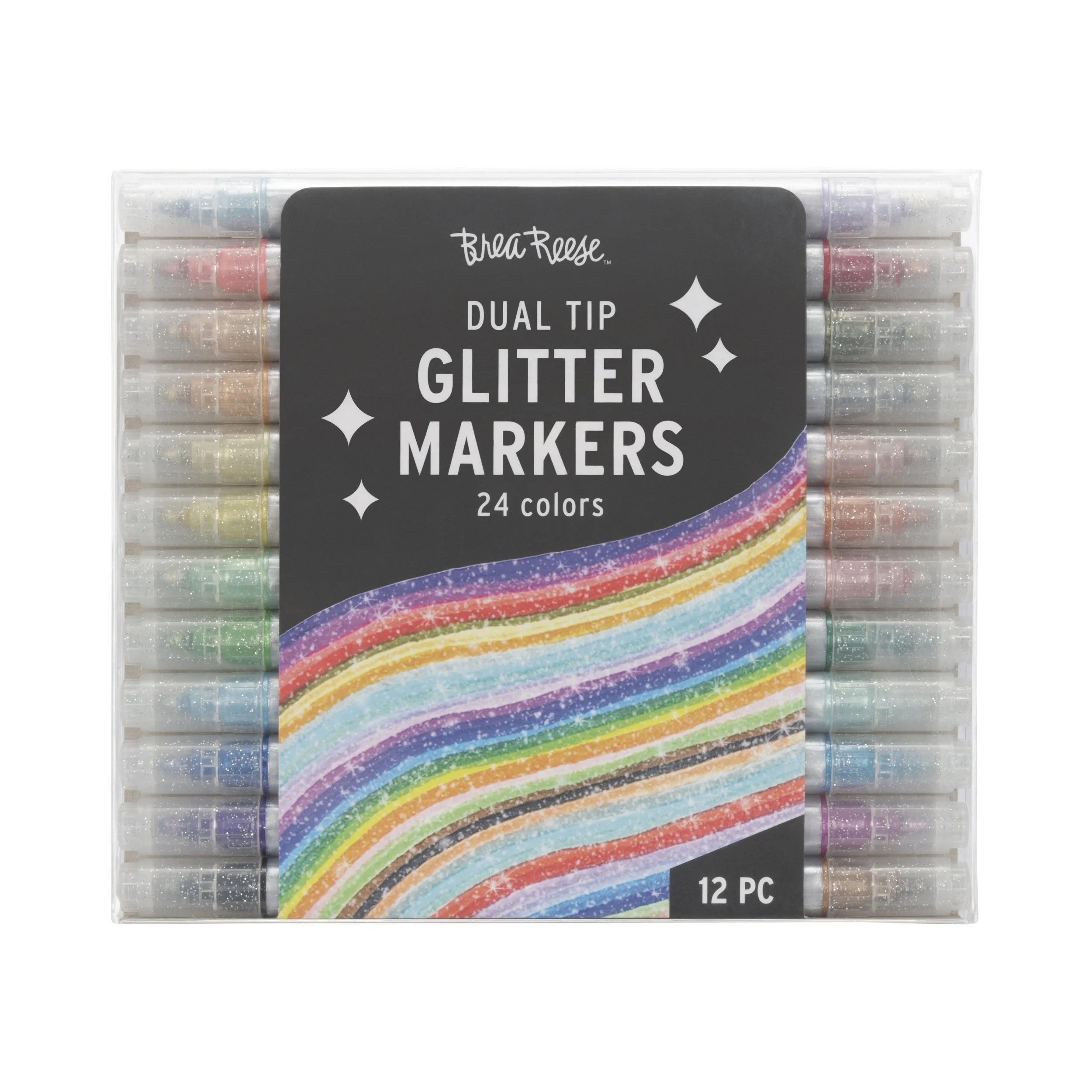 A transparent plastic case containing 24 dual tip glitter markers in various colors, with colorful rainbow design on the label.