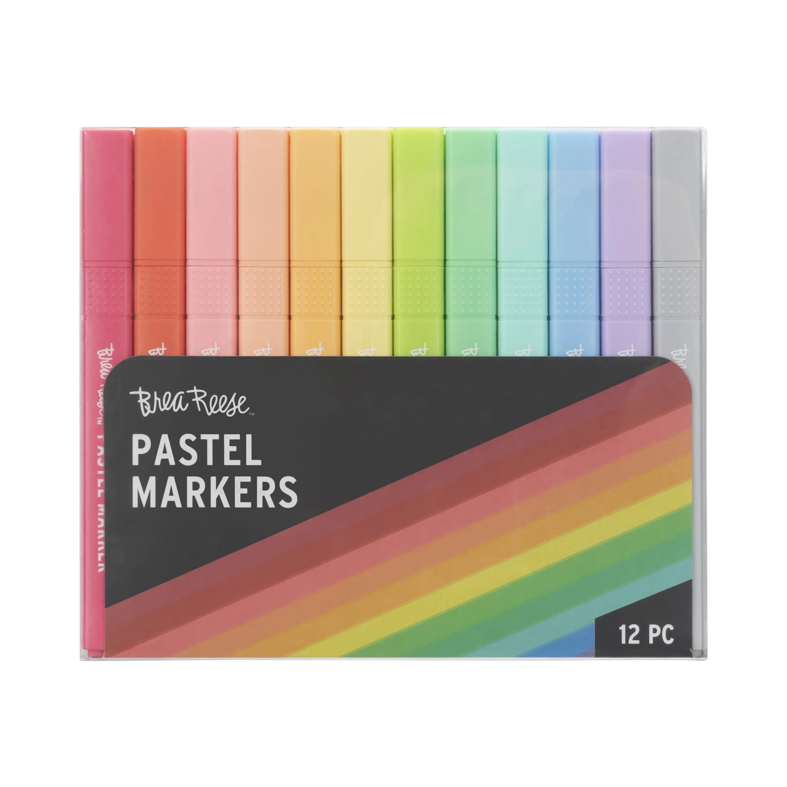 Set of 12 pastel-colored markers in packaging with black label and rainbow design, brand name BreeReese, for writing or coloring.