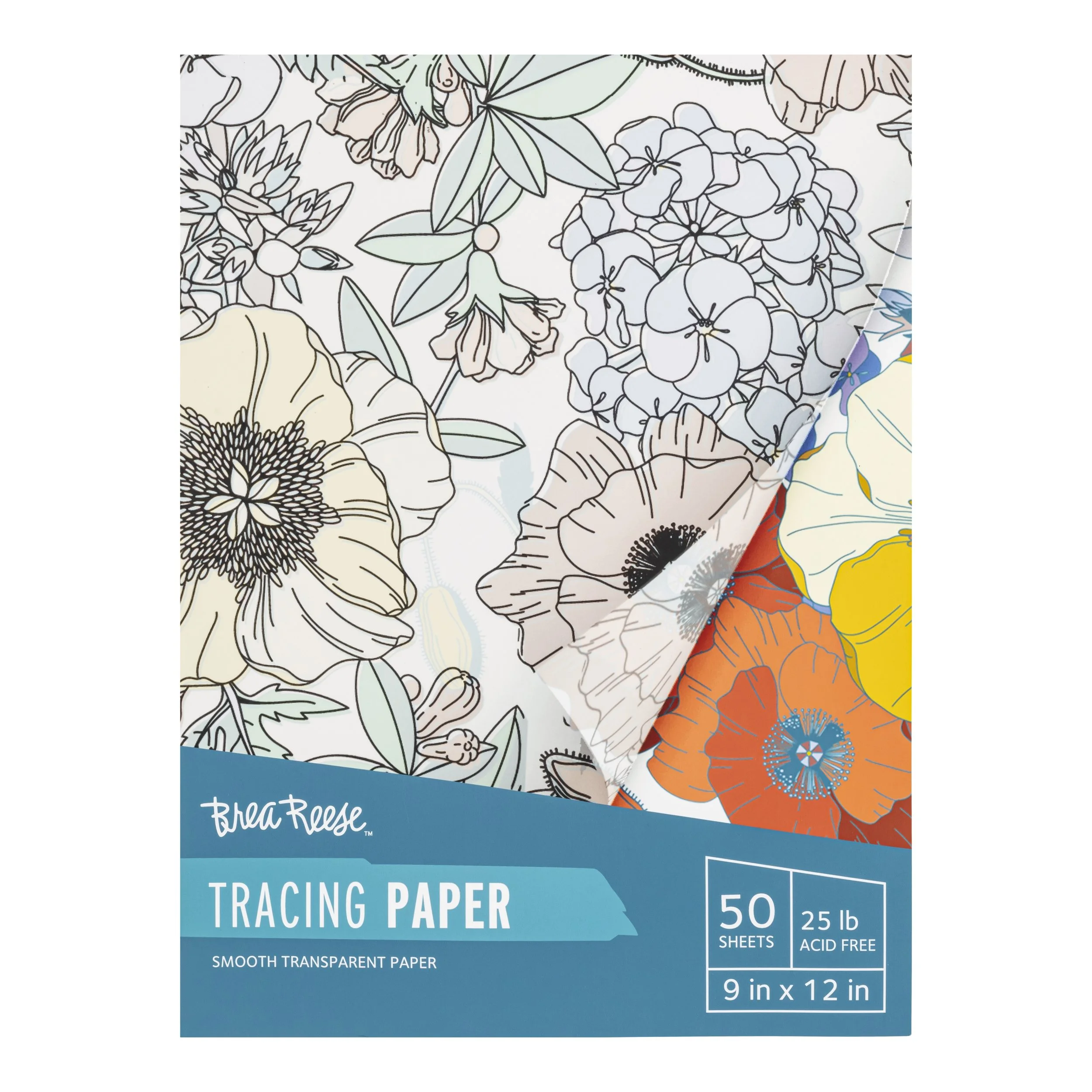 Tracing paper packaging with floral outline drawings, partially unrolled to show colorful floral designs on the paper, brand name 'BreaReese', 50 sheets, 9 inches by 12 inches, 25 pounds, acid-free, smooth transparent paper.