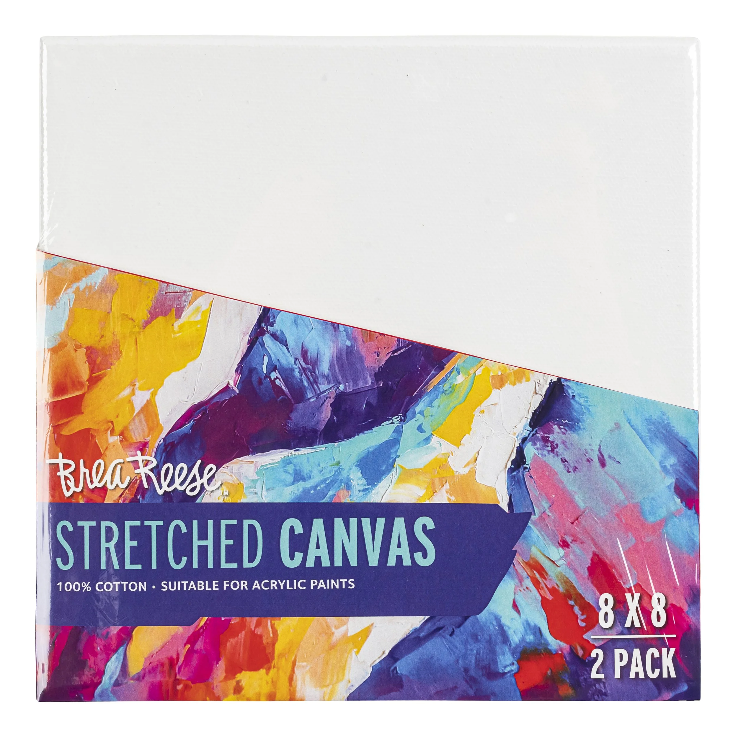 Packaging of a 2-pack of 8x8 inch stretched canvases with colorful abstract paint design and text indicating "Brea Reese Stretched Canvas, 100% cotton, suitable for acrylic paints."