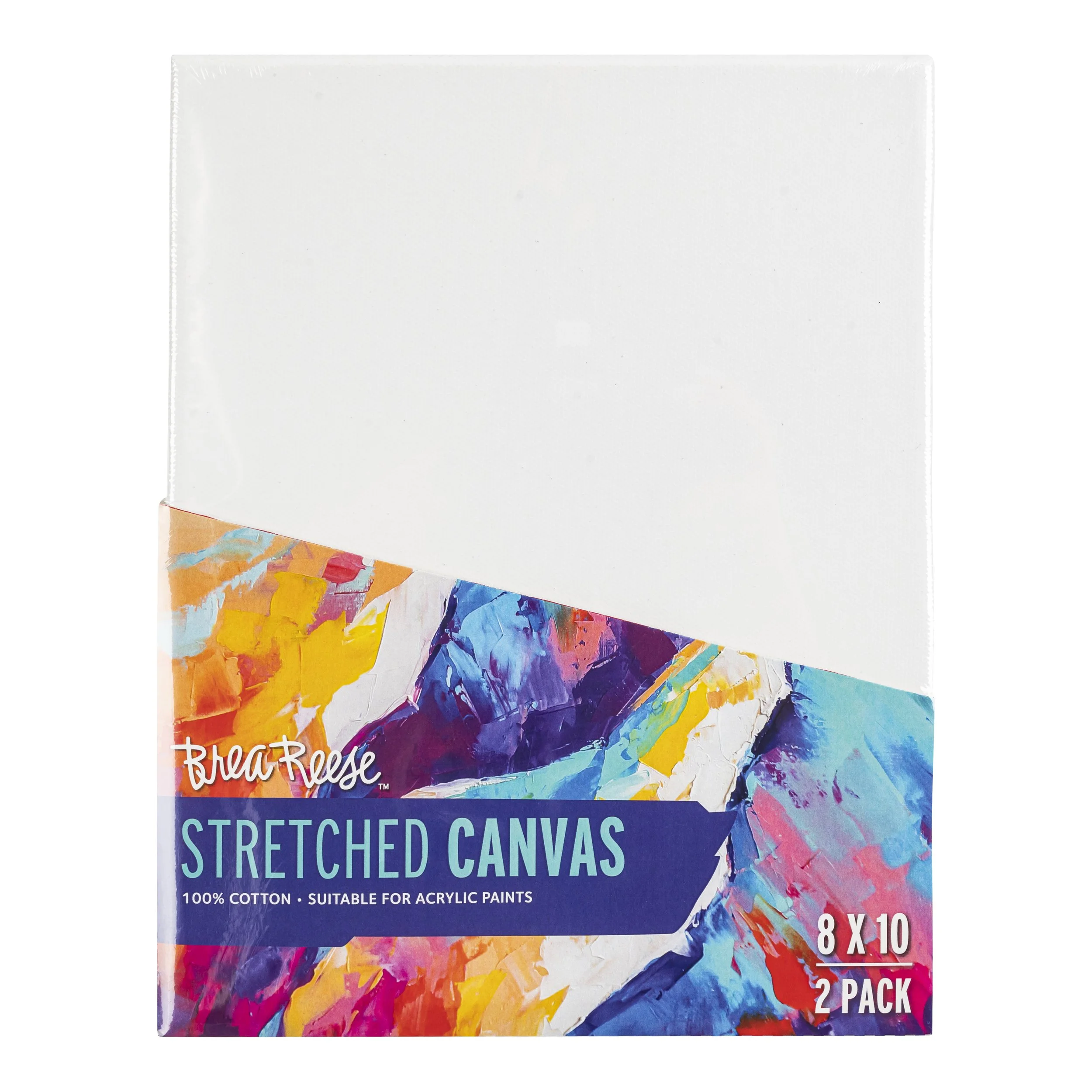 Package of BreaReese stretched canvas, 8x10 inches, 2-pack, with colorful abstract paint design on the lower half.