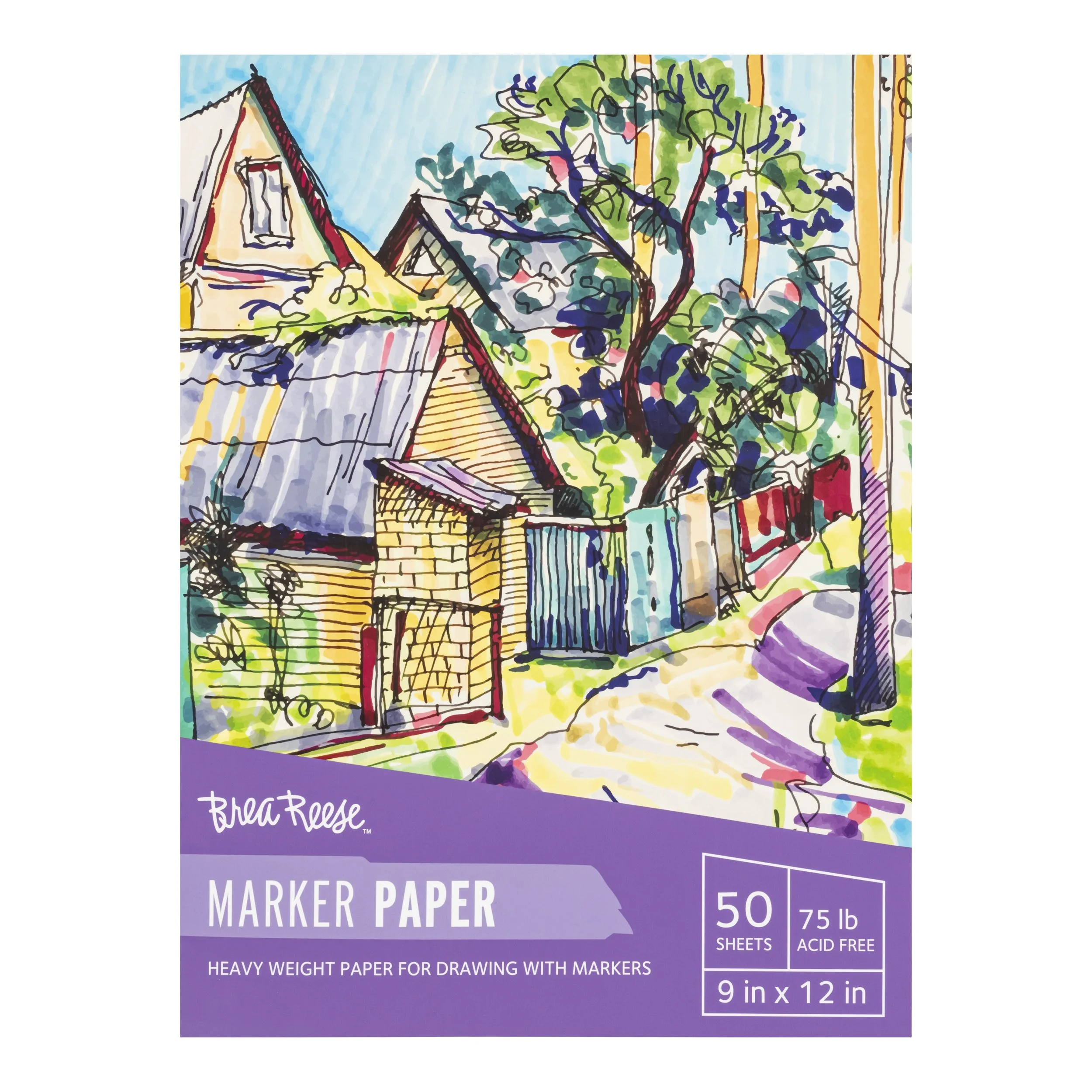 Colorful illustration of a house with a fence, trees, and a bright sky, on a package of marker paper.