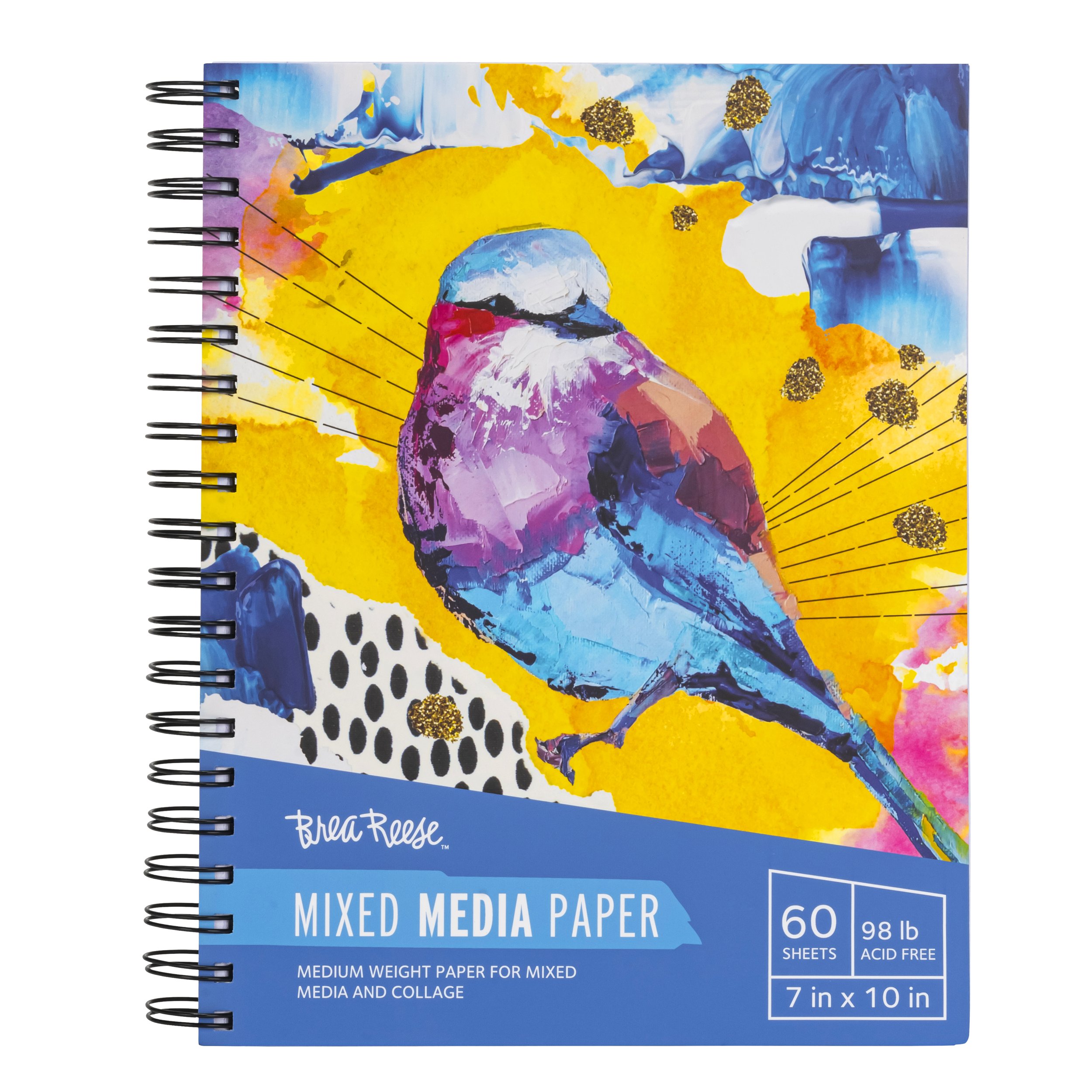 Spiral-bound art notebook with colorful bird illustration on cover and blue label indicating it's mixed media paper.