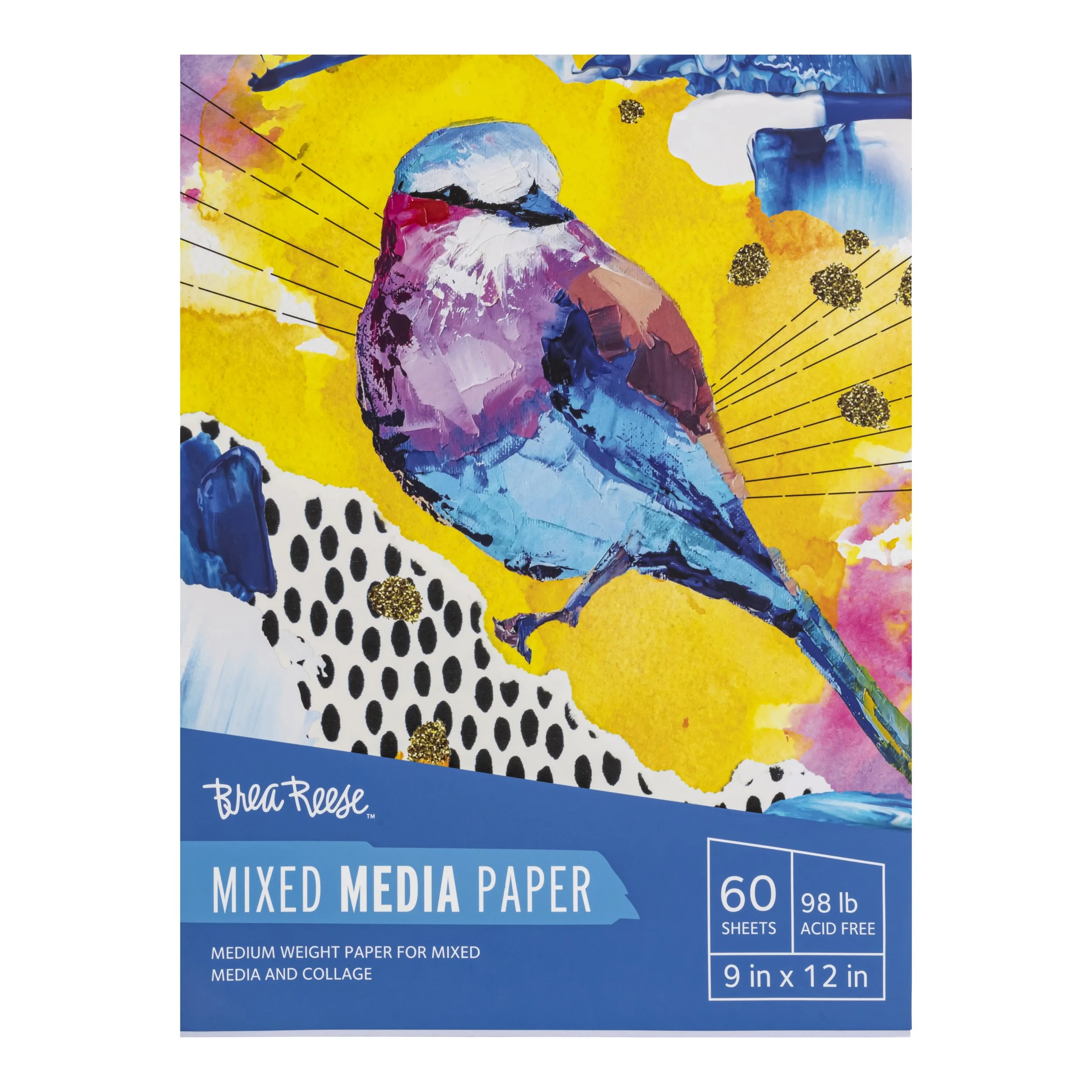 Cover of a mixed media paper pack featuring a colorful, abstract painting of a bird on a yellow background with various artistic design elements.