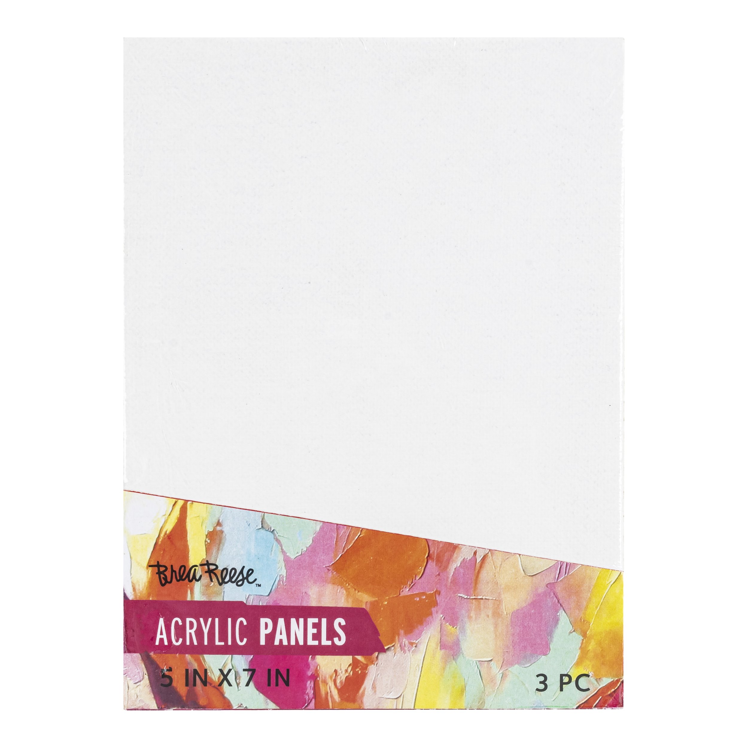 Package of BreaReese acrylic panels, 5 inches by 7 inches, containing 3 pieces with a colorful abstract design at the bottom.