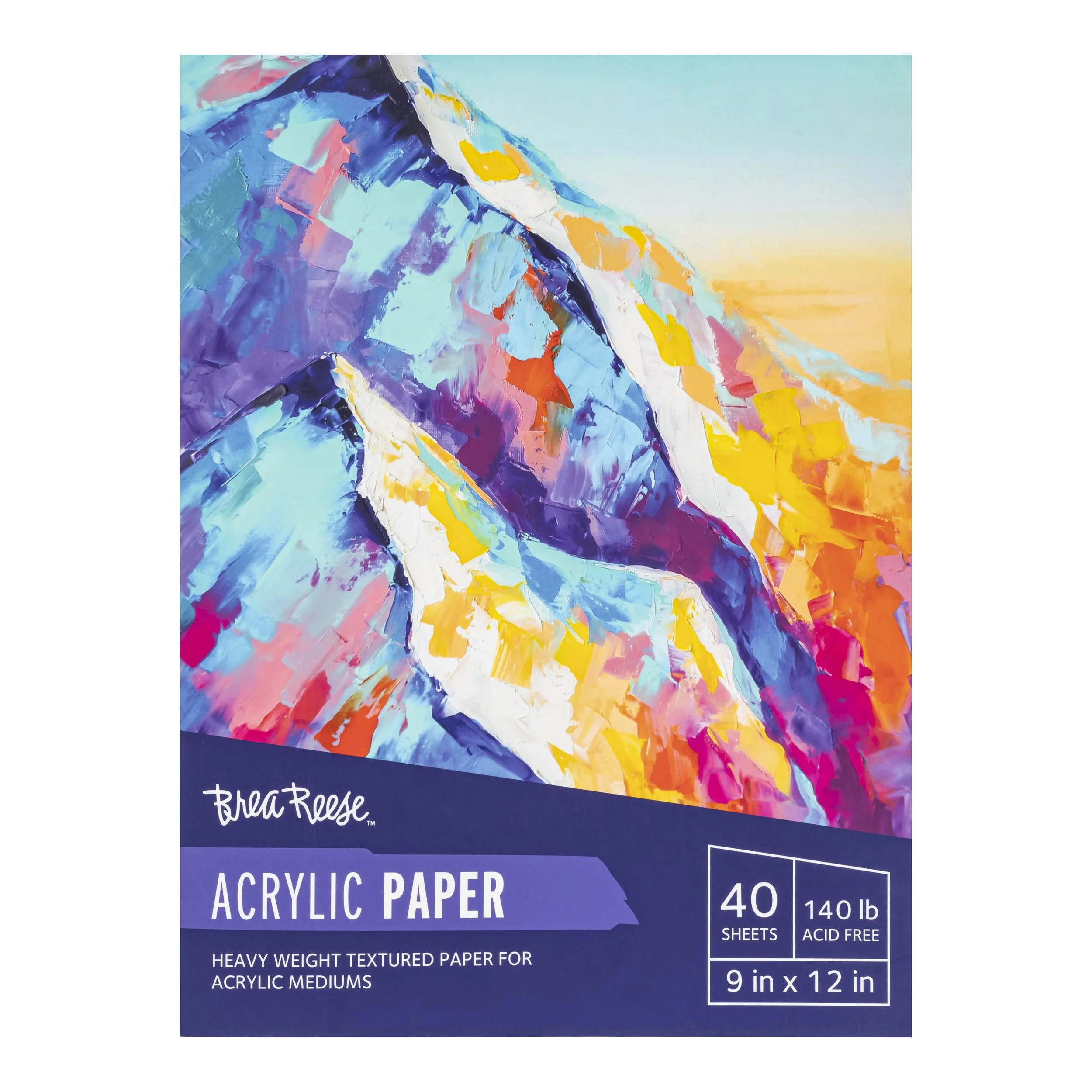 A package of BreaReese acrylic paper with abstract mountain artwork in bright colors.