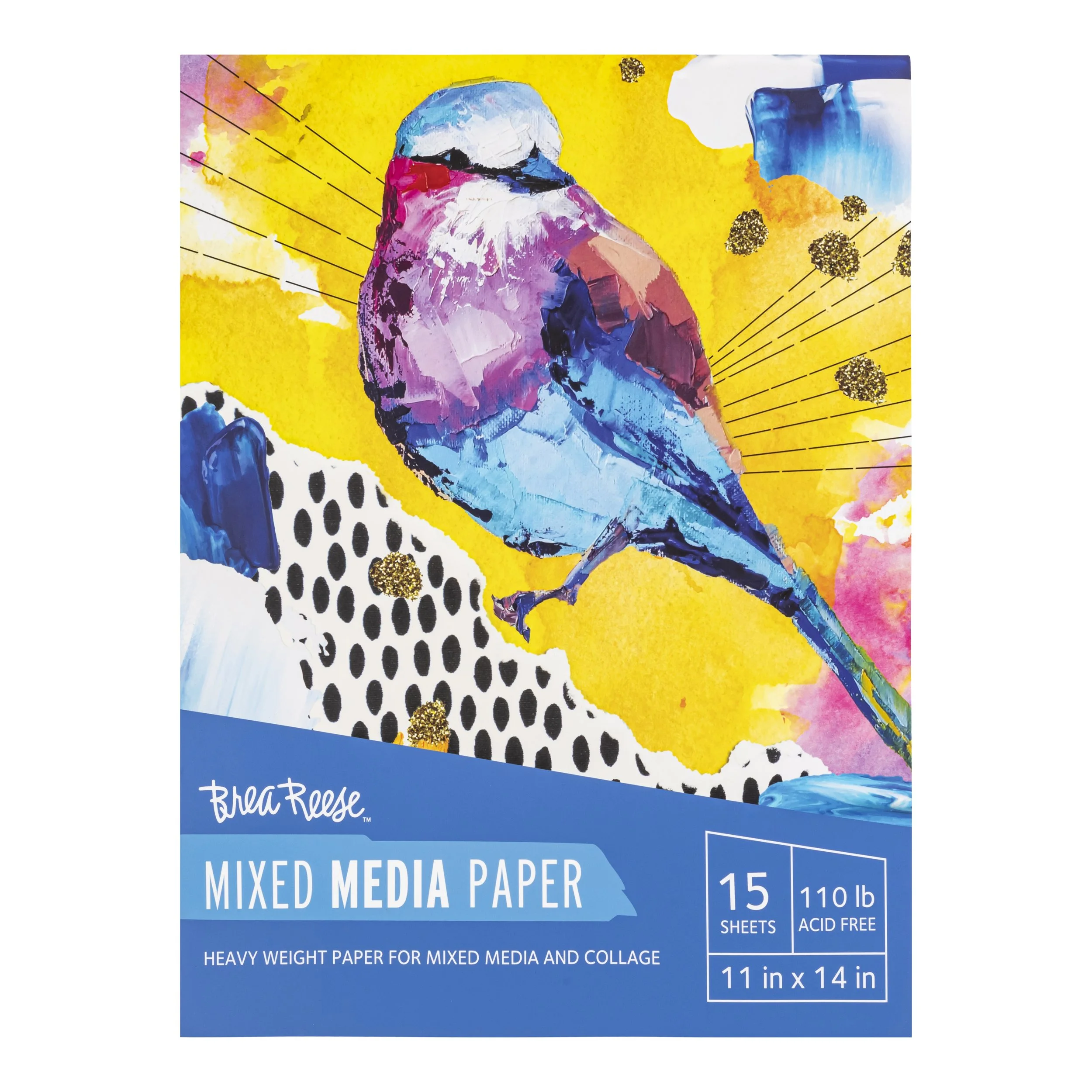 Cover of Brea Reese mixed media paper pad featuring a colorful illustrated bird on a bright yellow background with abstract design elements.