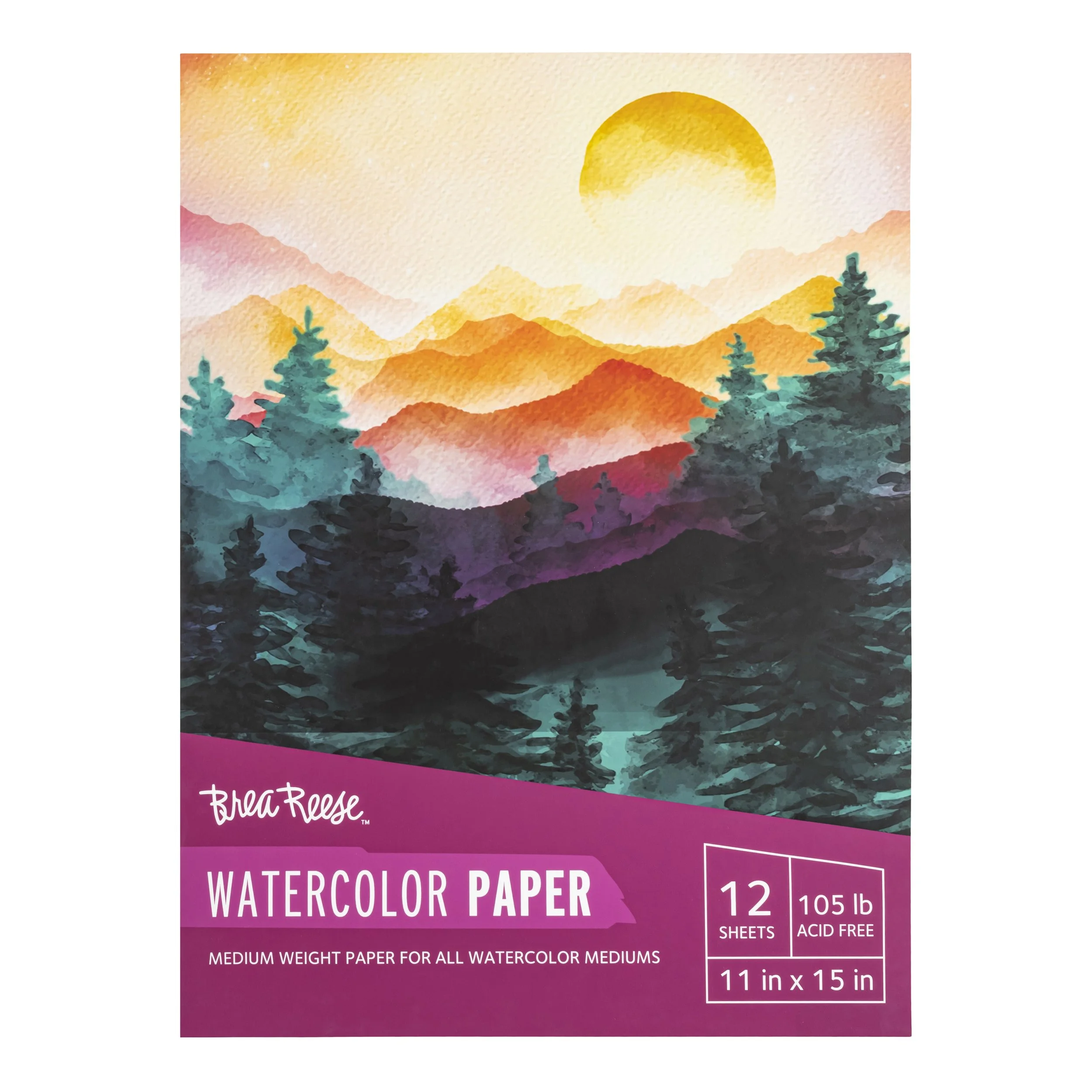 A watercolor painting of a landscape with mountains, evergreen trees, and a setting sun.
