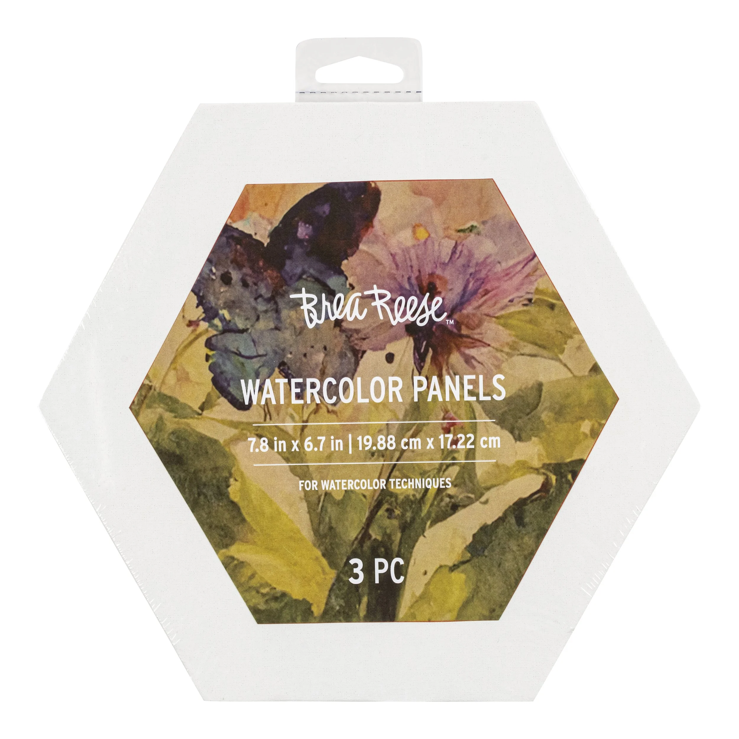 Box of watercolor panels featuring a butterfly and flower design by BeaReese, size 7.8 inches by 6.7 inches, for watercolor techniques, contains three pieces.