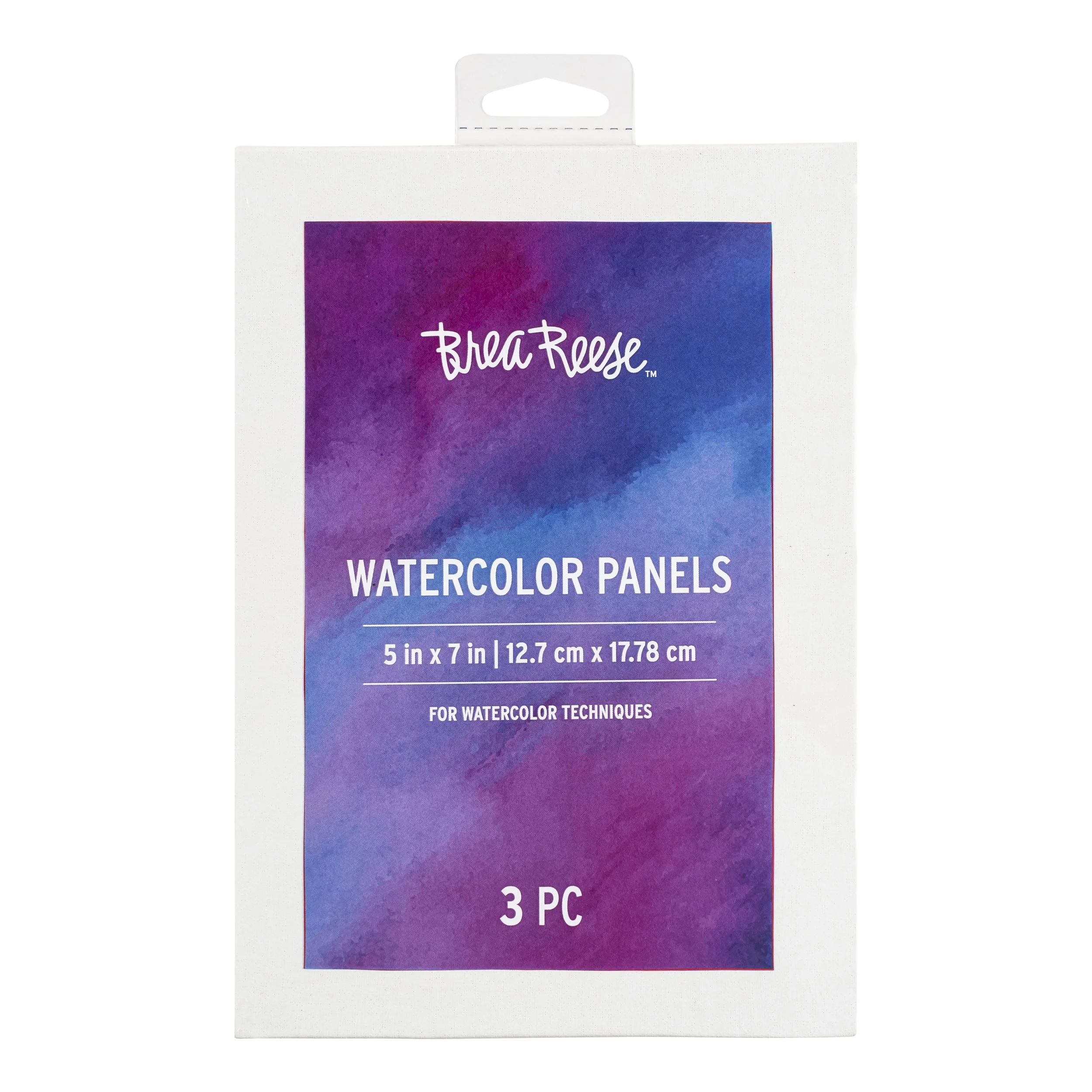 White box containing watercolor panels with a purple and blue watercolor design on the front, labeled 'Brea Reese Watercolor Panels, 5 in x 7 in, 12.7 cm x 17.78 cm, for watercolor techniques, 3 pieces.'