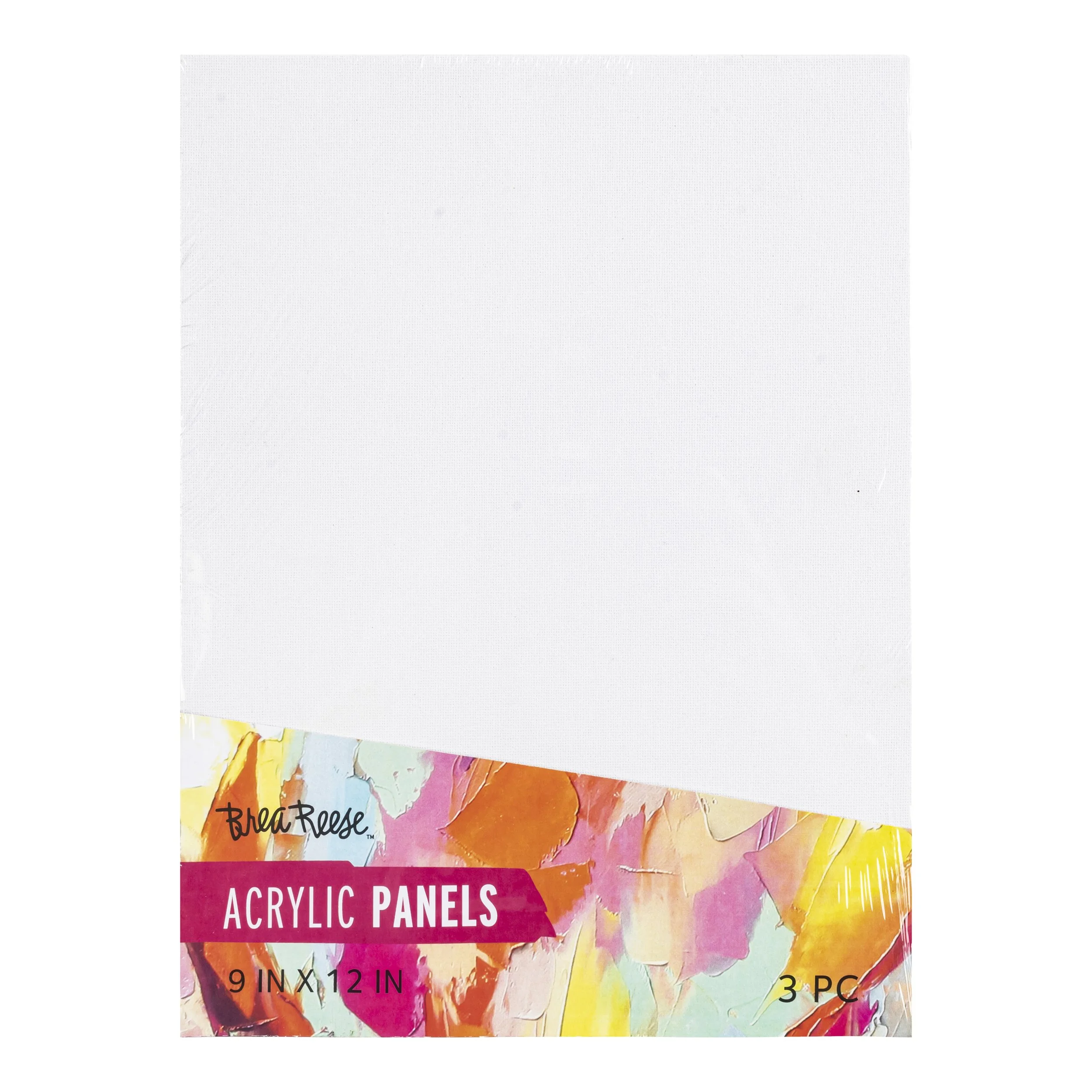 White acrylic paint panels with colorful abstract brush strokes on the bottom edge, labeled as BreaReese Acrylic Panels, 9 inches by 12 inches, set of 3.
