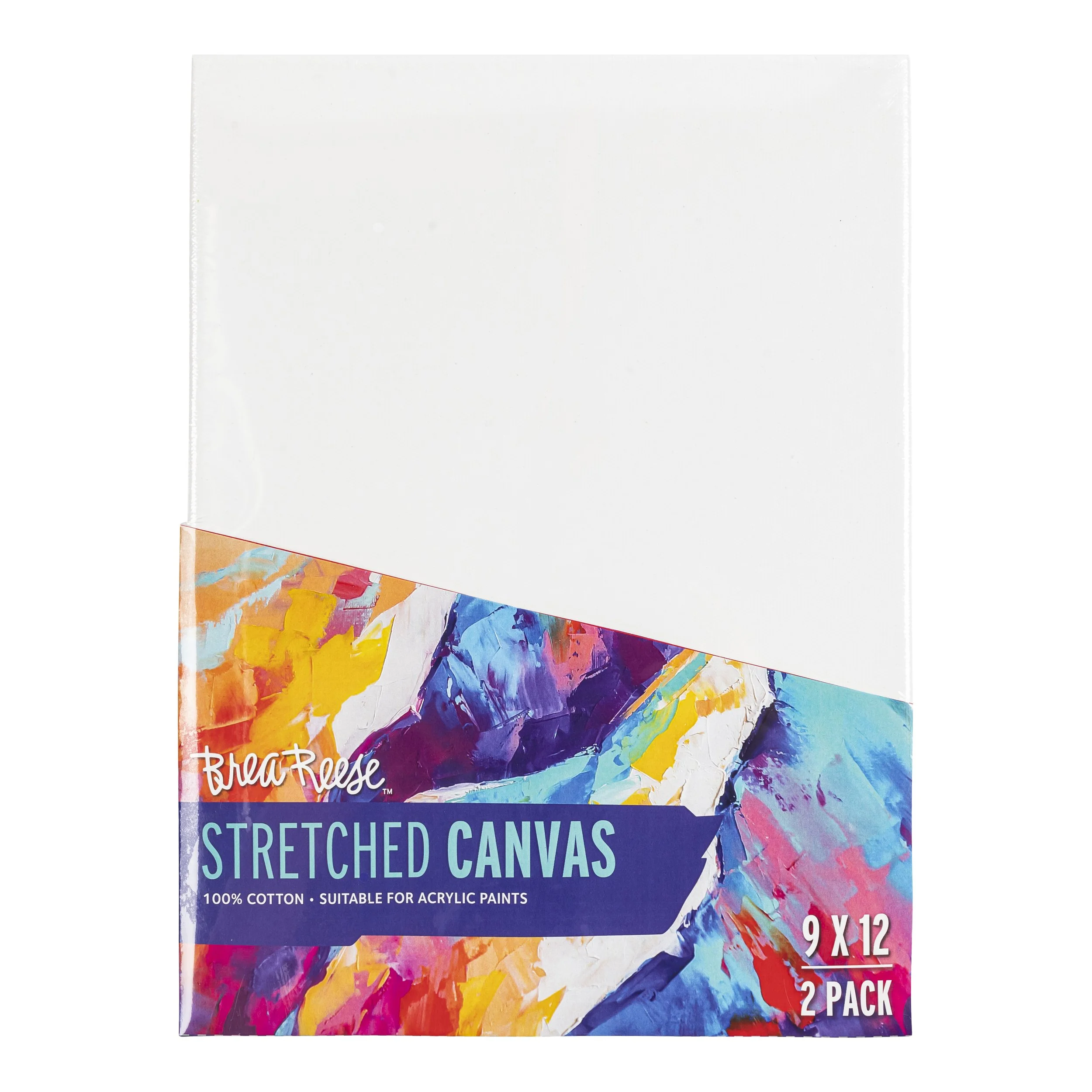 A package of Brea Reese stretched canvas with colorful abstract artwork on the lower half and a plain white upper half. The package indicates the canvases are 9 by 12 inches, made of 100% cotton, and suitable for acrylic paints. It contains two canvases.
