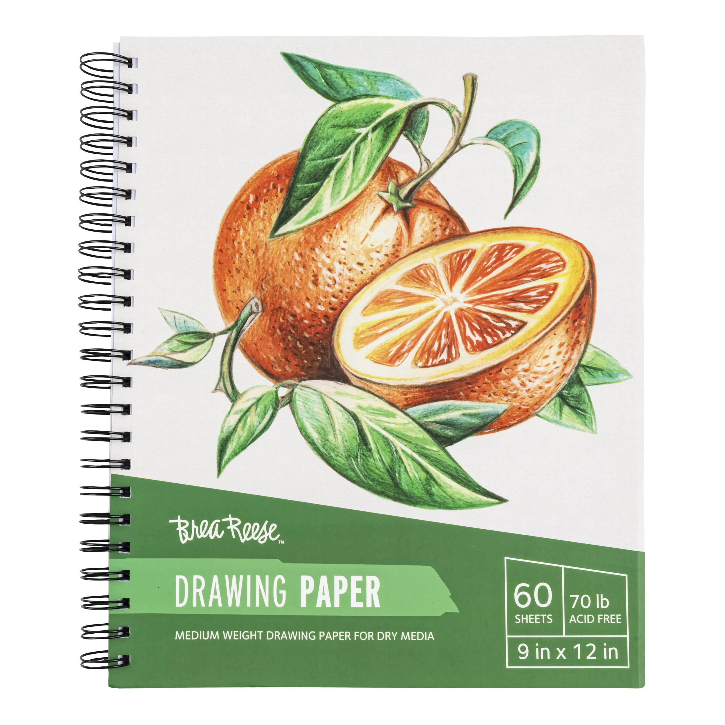 Drawing paper with a realistic colored illustration of an orange and a sliced orange segment, with green leaves, on the cover.