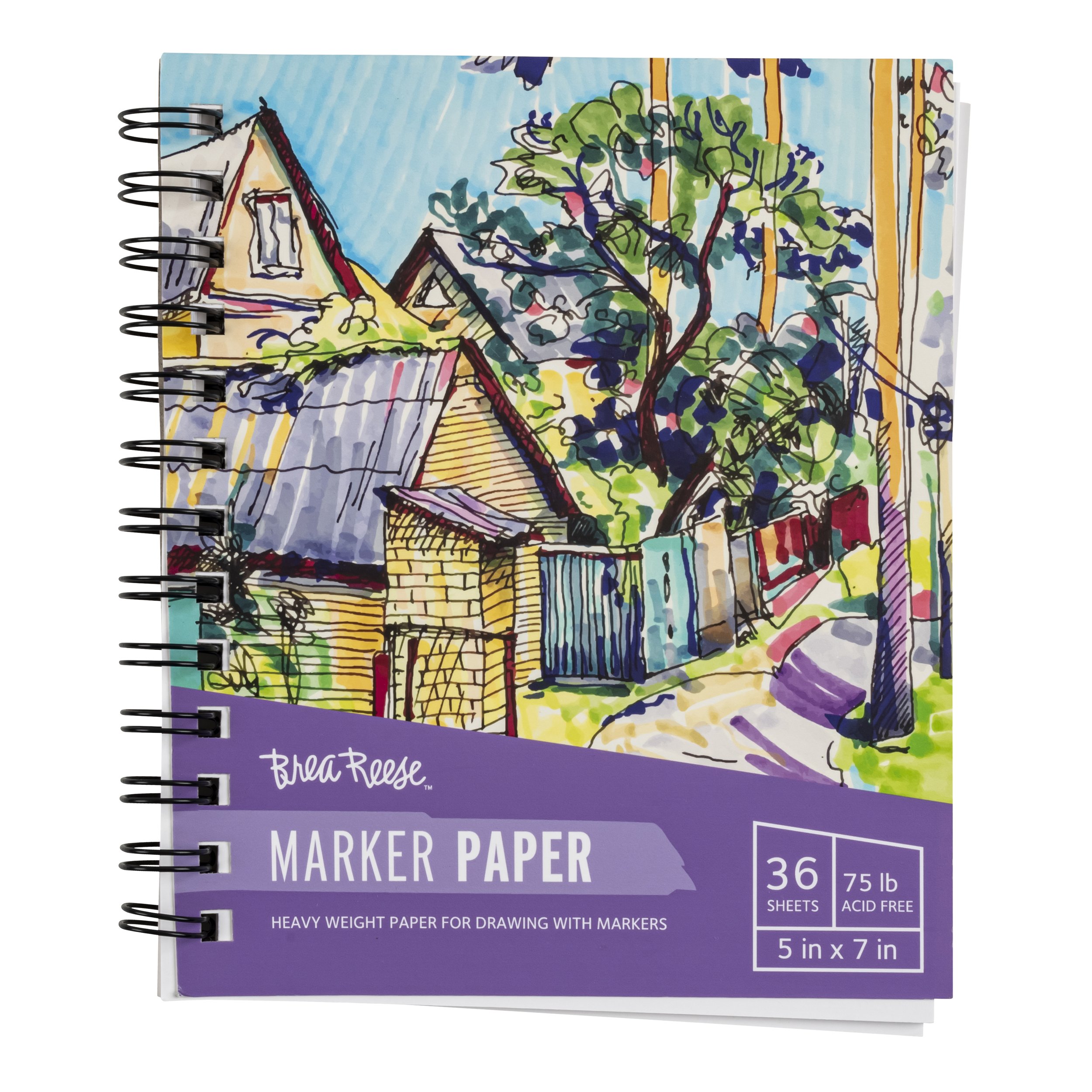 Spiral-bound notebook with illustrated colorful houses, trees, and a pathway on the cover, labeled 'Brea Reese Marker Paper, 36 sheets, 75 lb acid free, 5 x 7 inches.'
