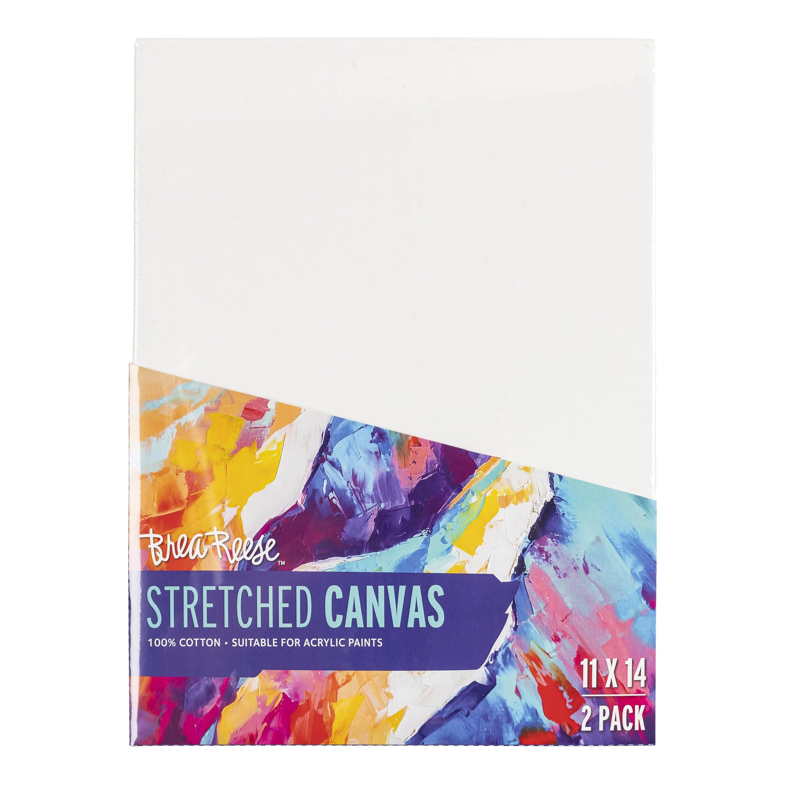 A pack of two stretched canvases, each measuring 11 by 14 inches, with colorful abstract artwork on the packaging, made of 100% cotton, suitable for acrylic paints.