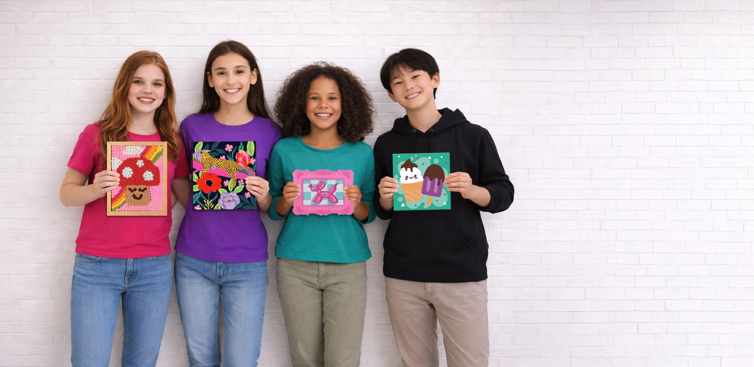 Four children standing against a white brick wall, each holding colorful artwork or craft projects featuring various themes like a mushroom, floral patterns, a balloon dog, and ice cream cones.