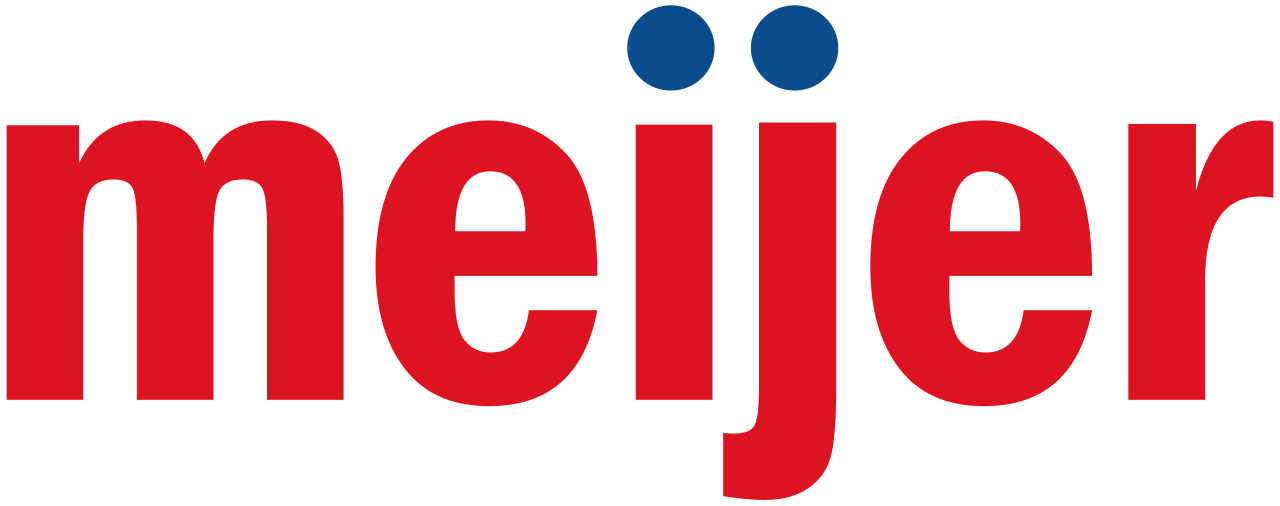 The logo of the grocery store chain Meijer, featuring the word 'meijer' in red lowercase letters with two blue dots above the letter 'i'.