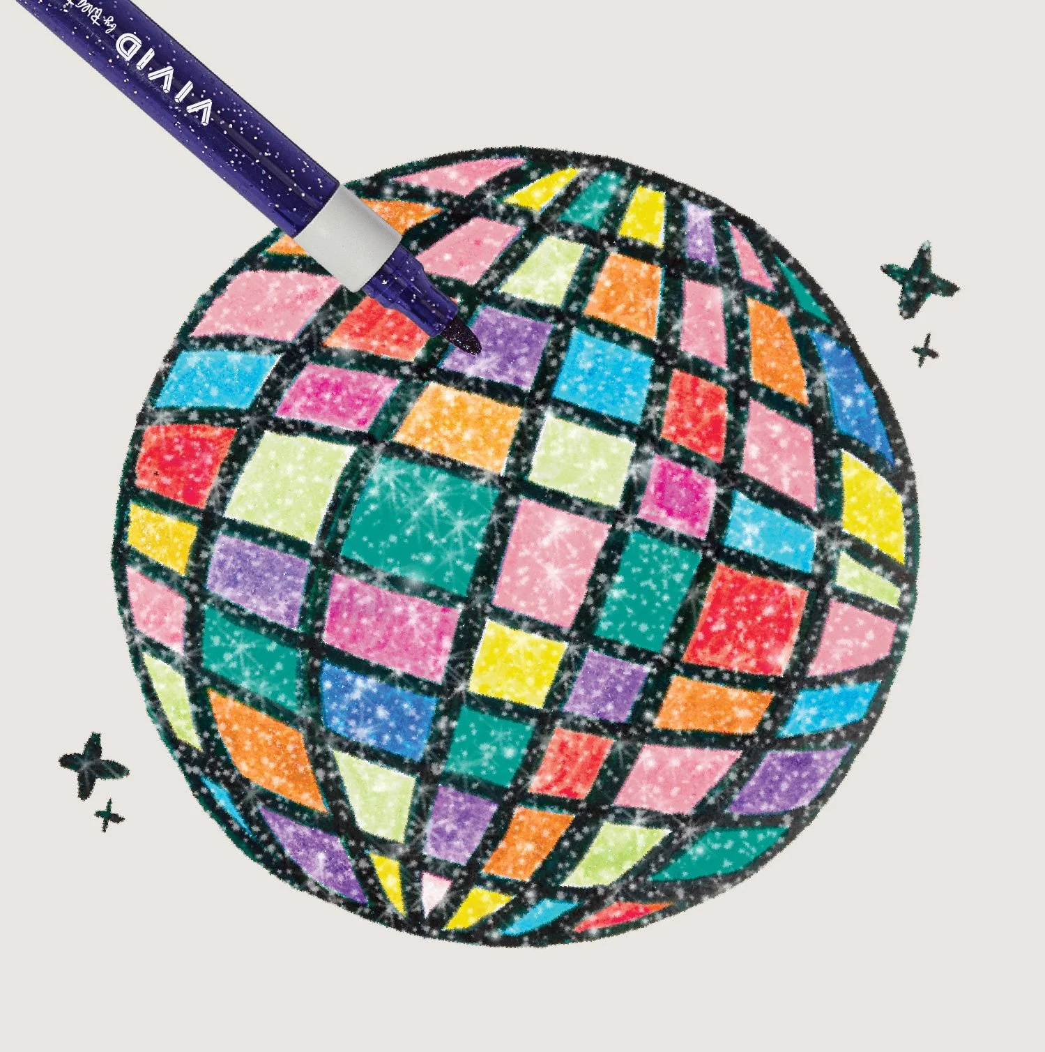 Colorful, glittering disco ball with a purple marker writing on it.