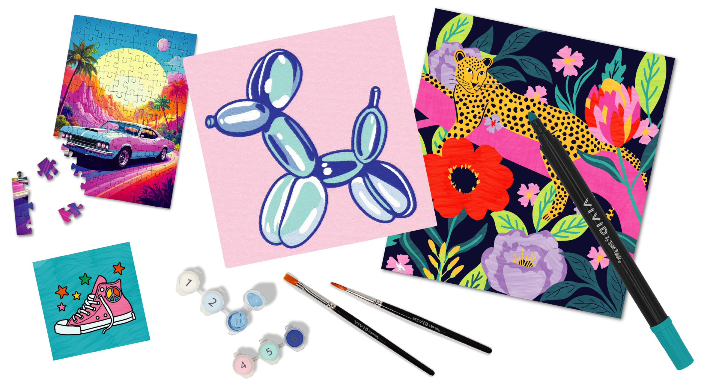 A colorful digital illustration of various arts and puzzle items, including a completed jigsaw puzzle with a sunset and vintage car, a balloon animal drawing, a floral artwork with a cheetah, paint brushes, paint bottles, and a small drawing of a pink sneaker with peace signs and stars.