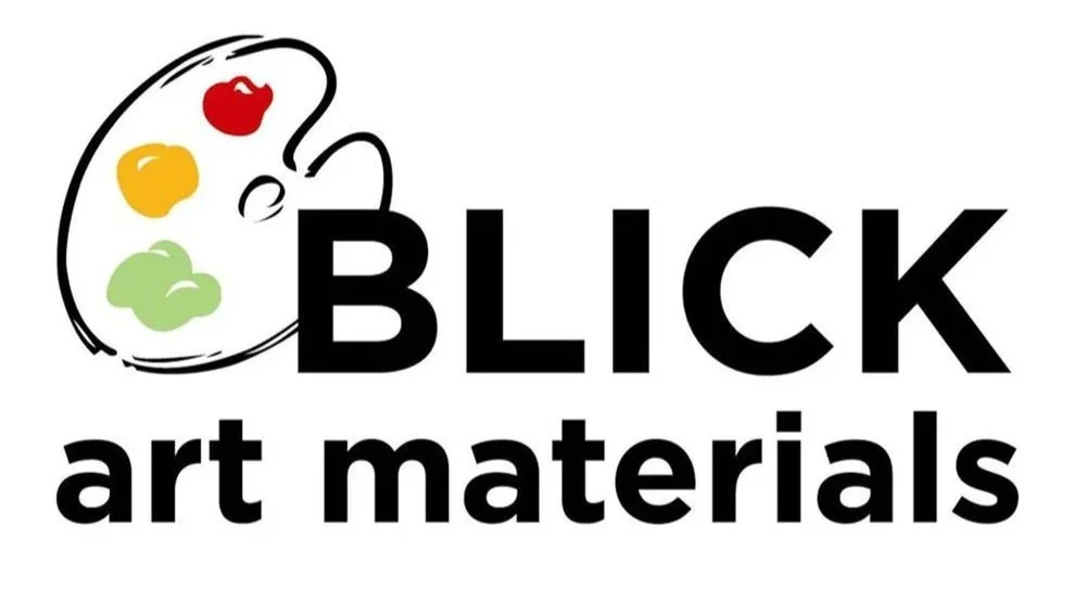 Logo for Blick Art Materials featuring a painter's palette with red, yellow, and green paint blobs and the text 'Blick art materials' in black.
