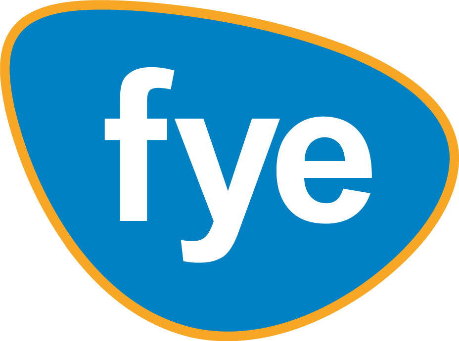 A logo with the word 'fye' in white lowercase letters on a blue background with an orange border.