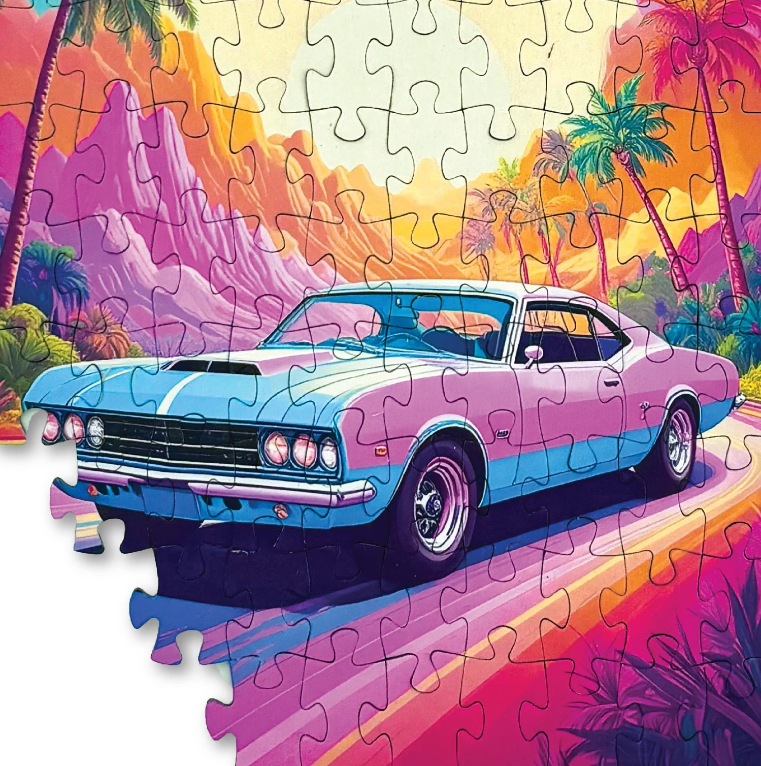 A bright, colorful jigsaw puzzle featuring a vintage car on a vibrant tropical landscape with palm trees, mountains, and a sunset sky.