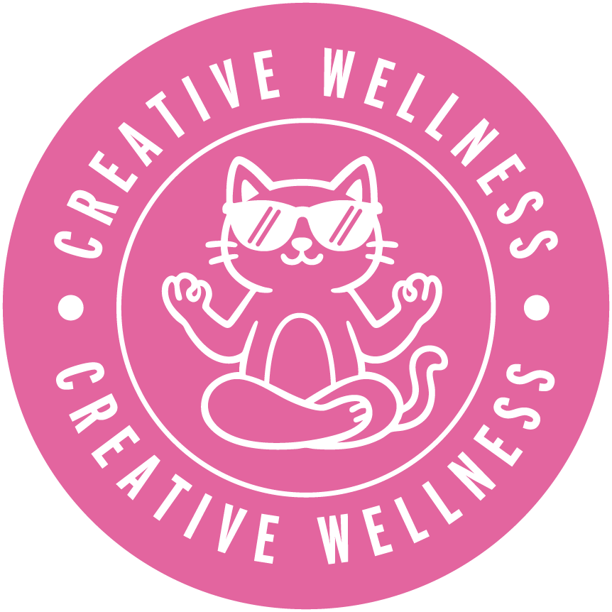 Pink circular logo with a cartoon cat wearing sunglasses, sitting cross-legged with paws raised in a peace sign. Text around the circle reads 'Creative Wellness' and 'Creating Wellness'.