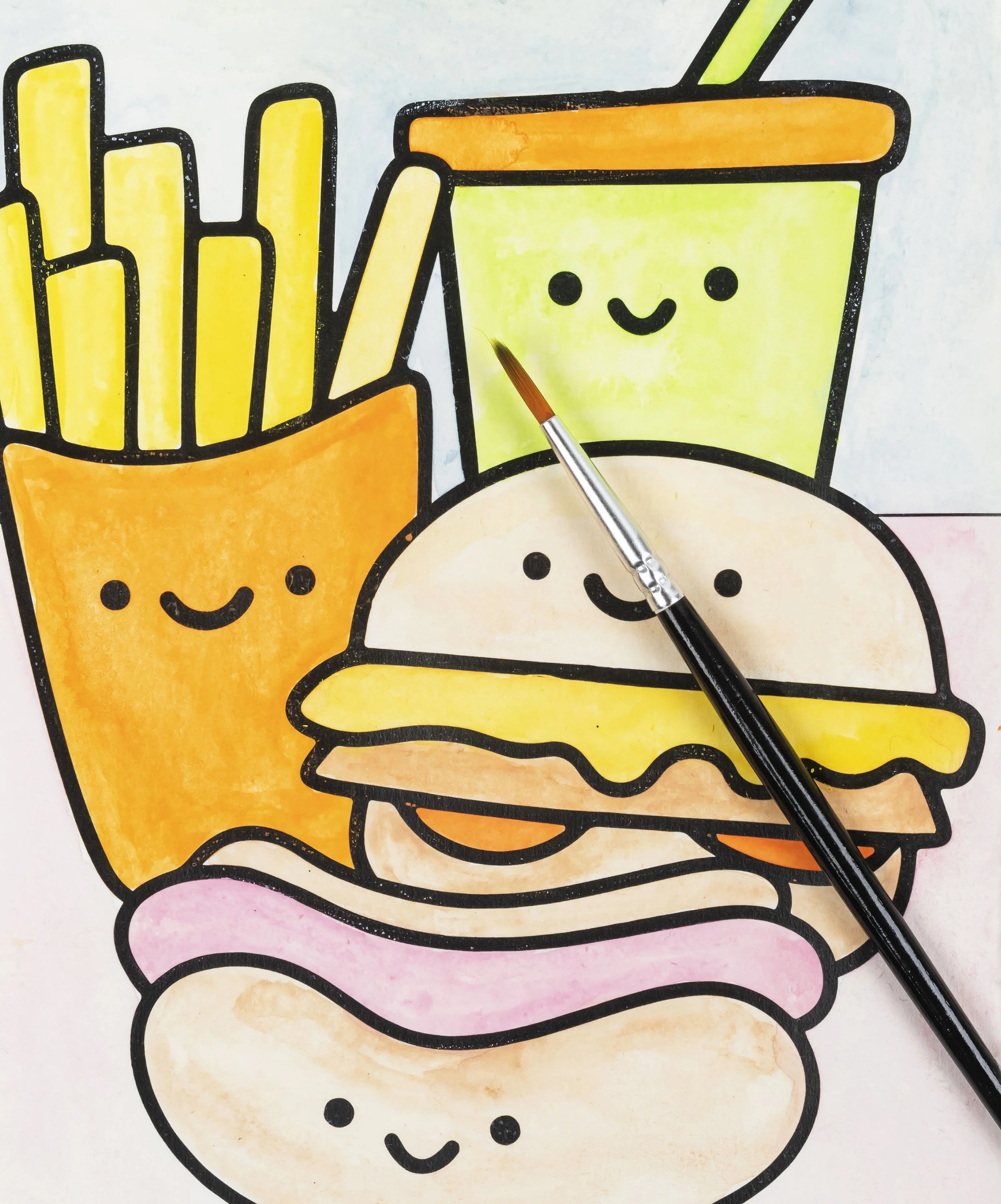 Colorful watercolor drawing of fast food items with smiling faces, including fries in an orange container, a green soda cup with a straw, a burger with lettuce, cheese, tomato, and a bun, and a hot dog with a pink bun and sausage.