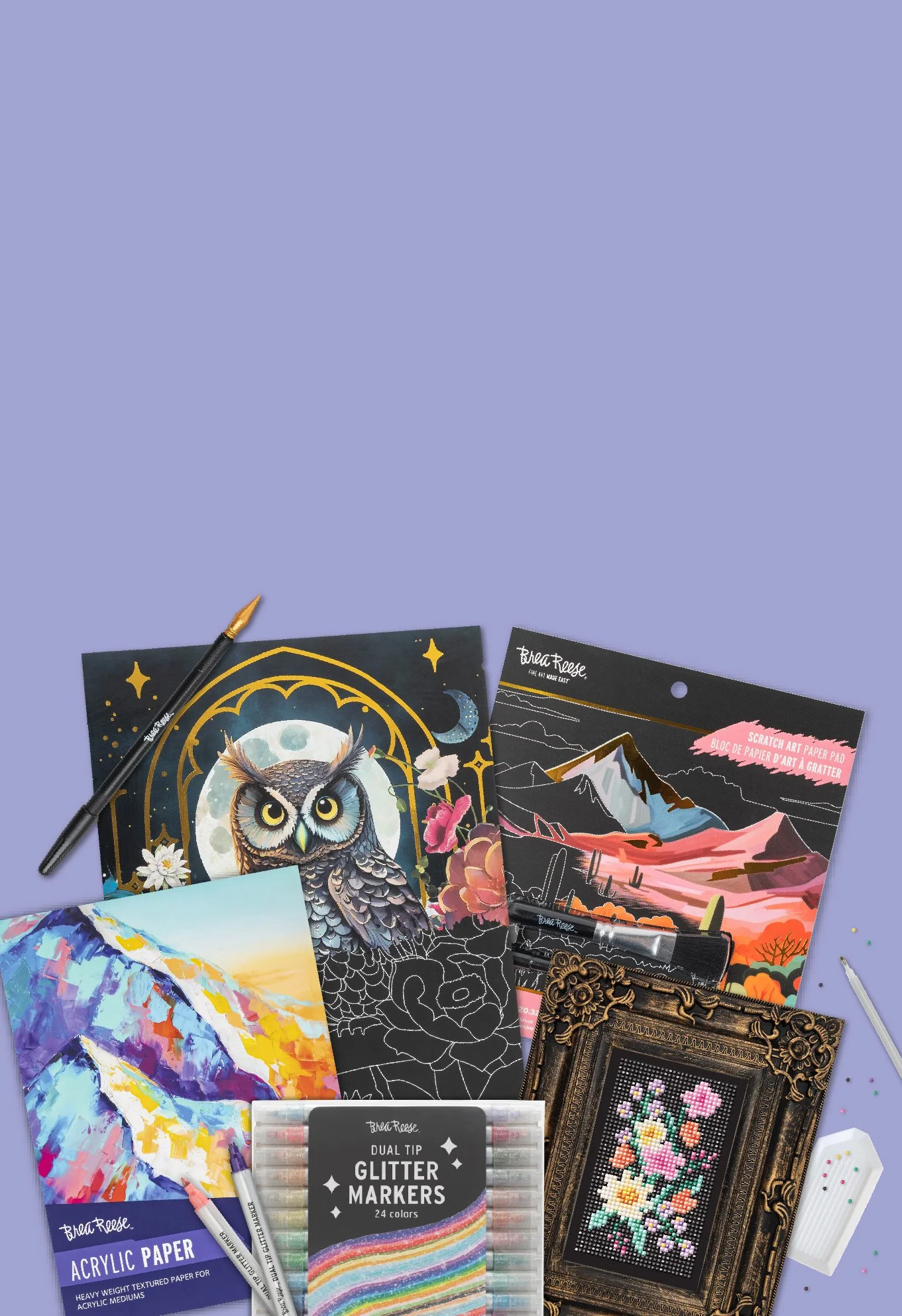 Brea Reese art supplies include acrylic paper, glitter markers, scratch art paper, painting of mountains, decorative framed cross-stitch flower pattern, stickers, and a stylus on a purple background.