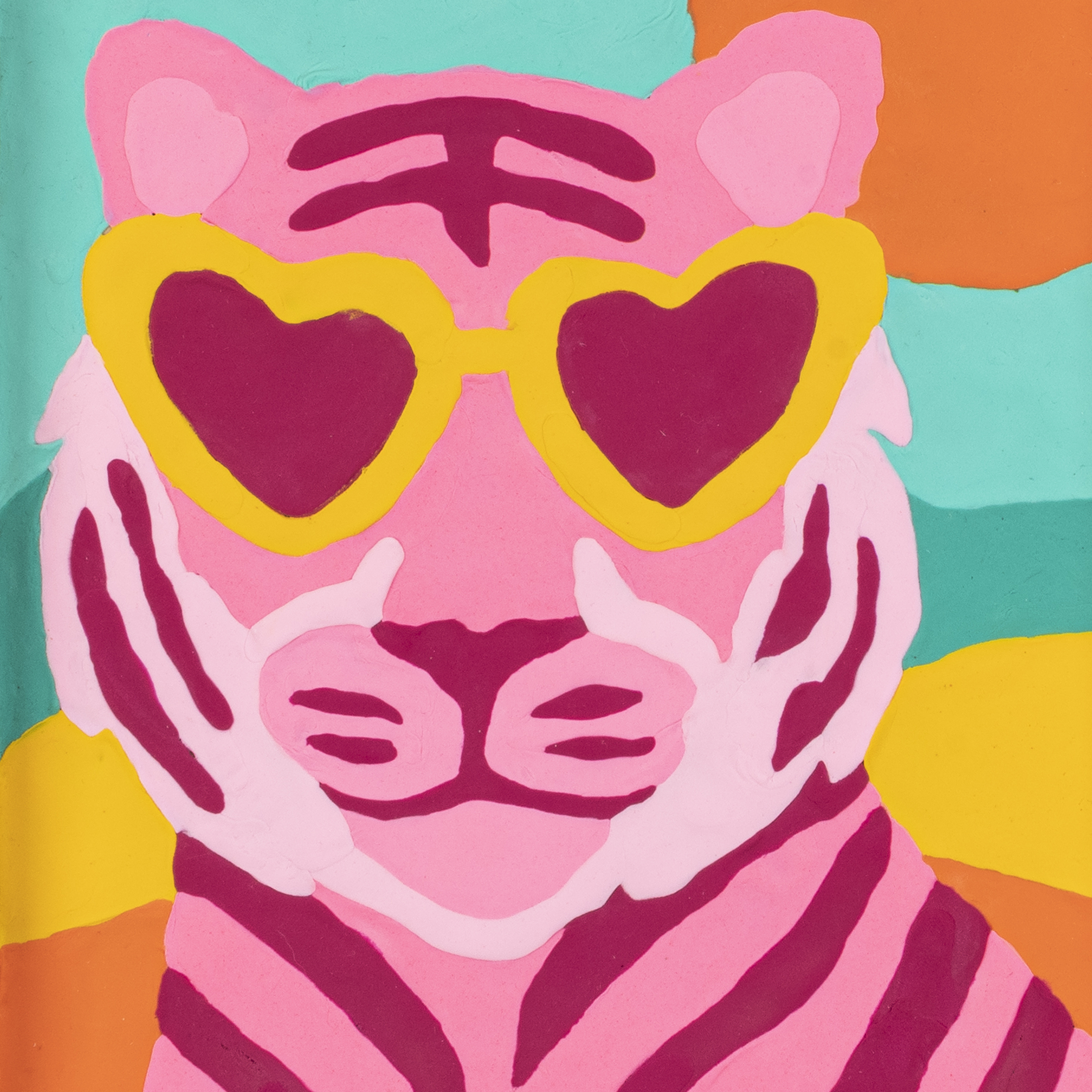 Colorful clay image of a tiger wearing heart-shaped sunglasses, with a vibrant background of orange, teal, and yellow.