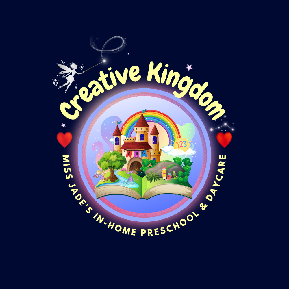 Logo for Creative Kingdom, an in-home preschool and daycare by Miss Jade, in Nampa, Idaho, 83686, featuring a fairy, rainbow, castle, open book, and playful elements on a navy background.