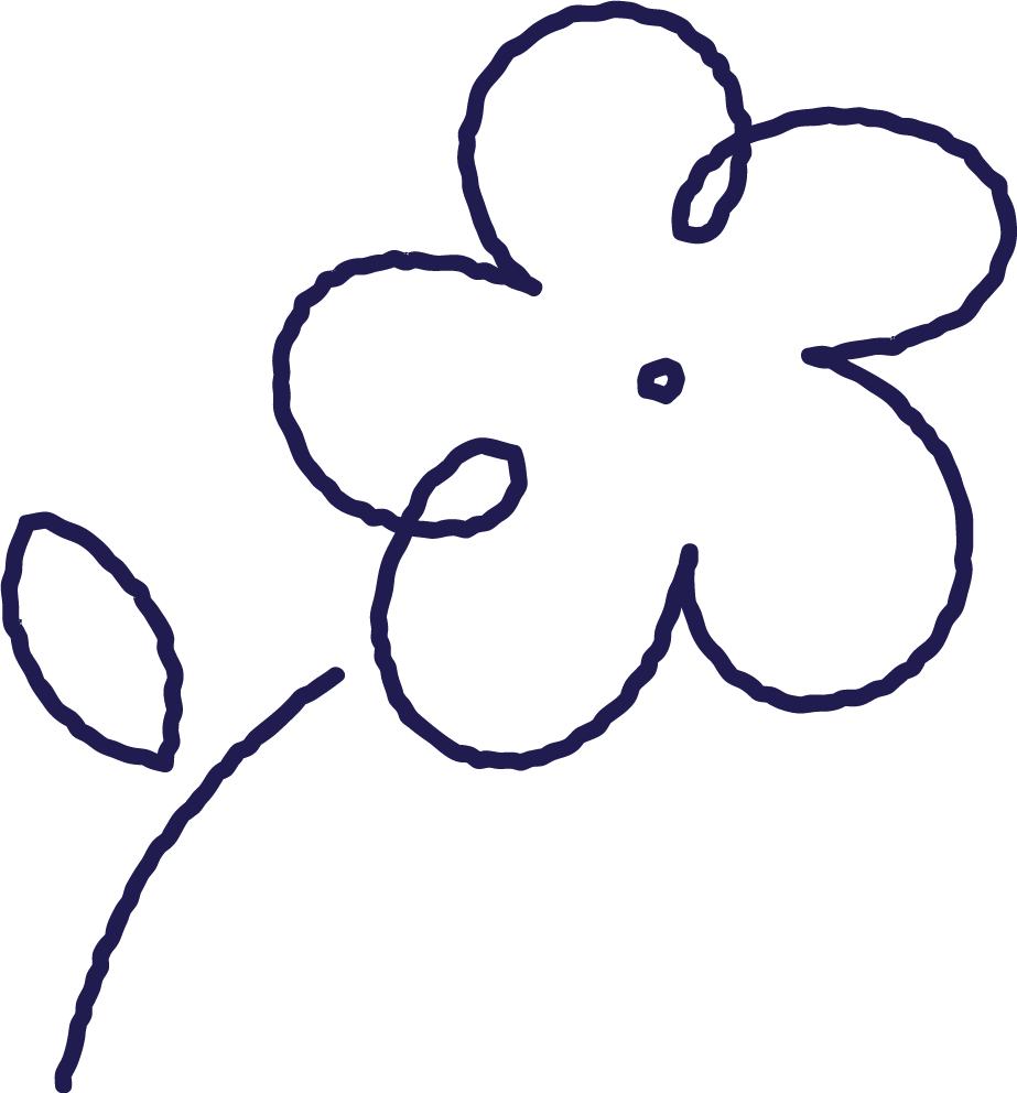 Line drawing of a flower with four rounded petals, a small central dot, a curved stem, and two leaves