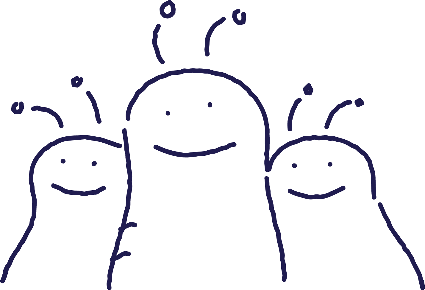 Cheerful line drawing of three smiling caterpillar figures with antennas